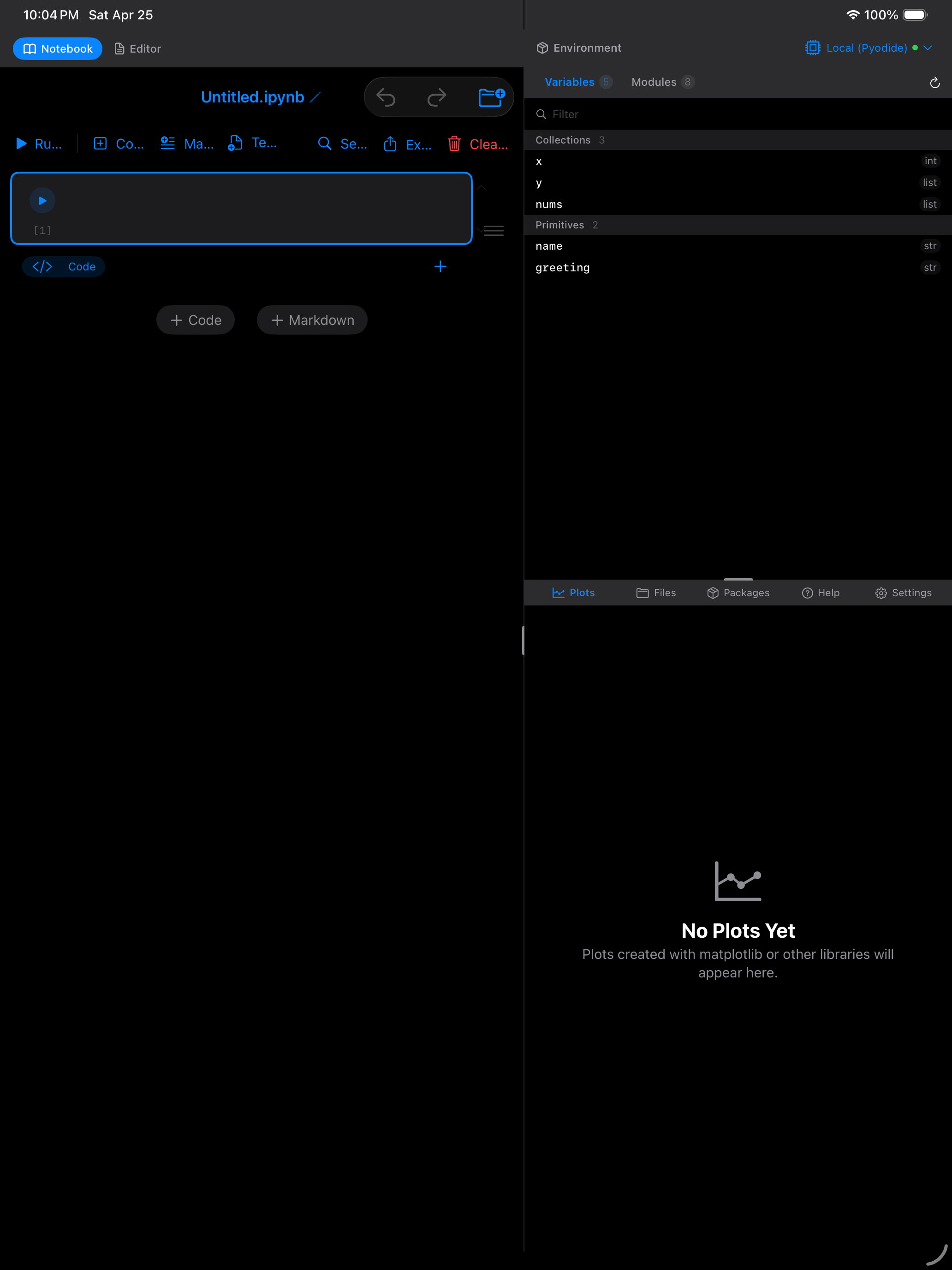 Three-pane notebook workspace on iPad