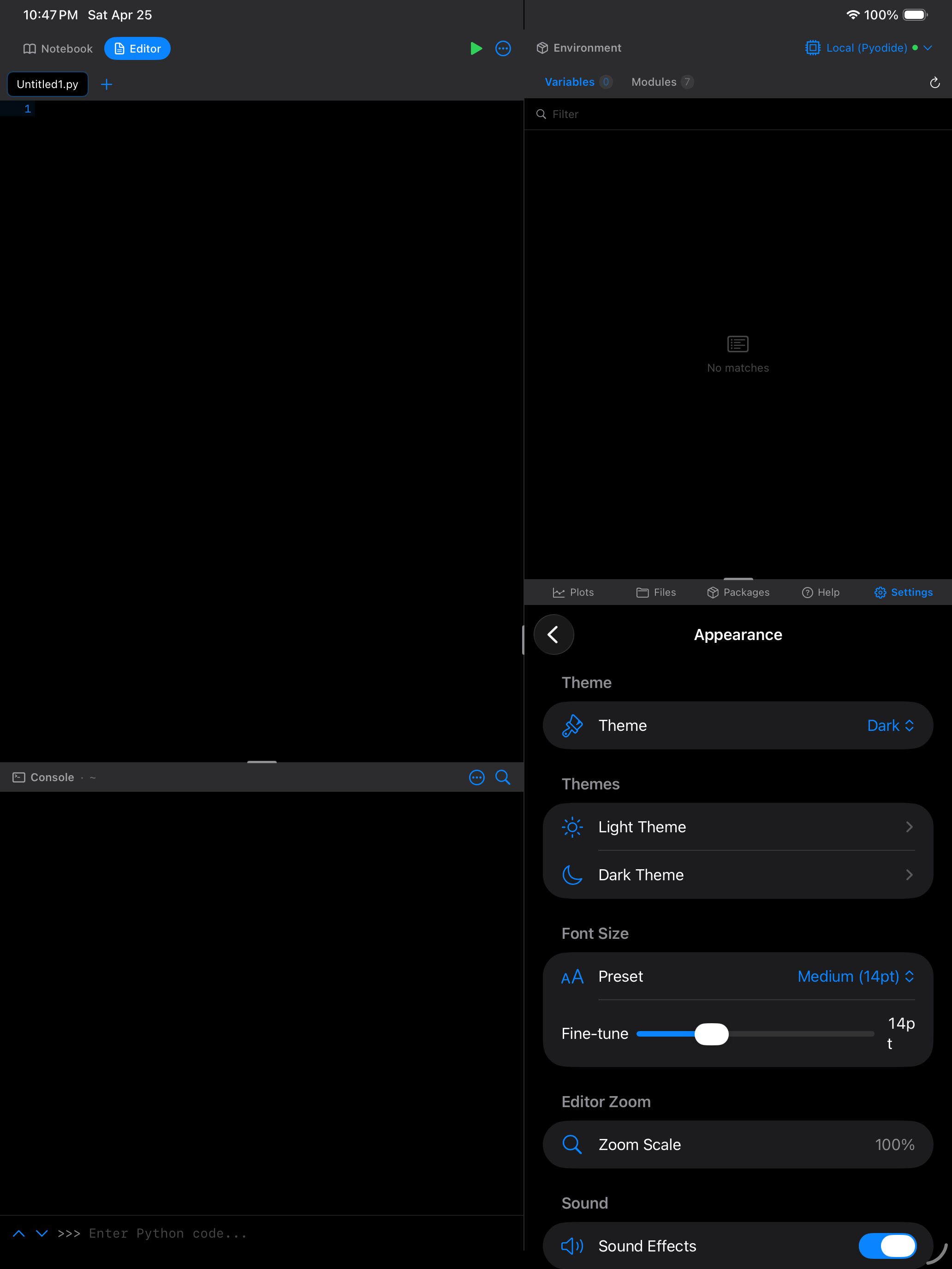 Settings > Appearance on iPad in dark mode