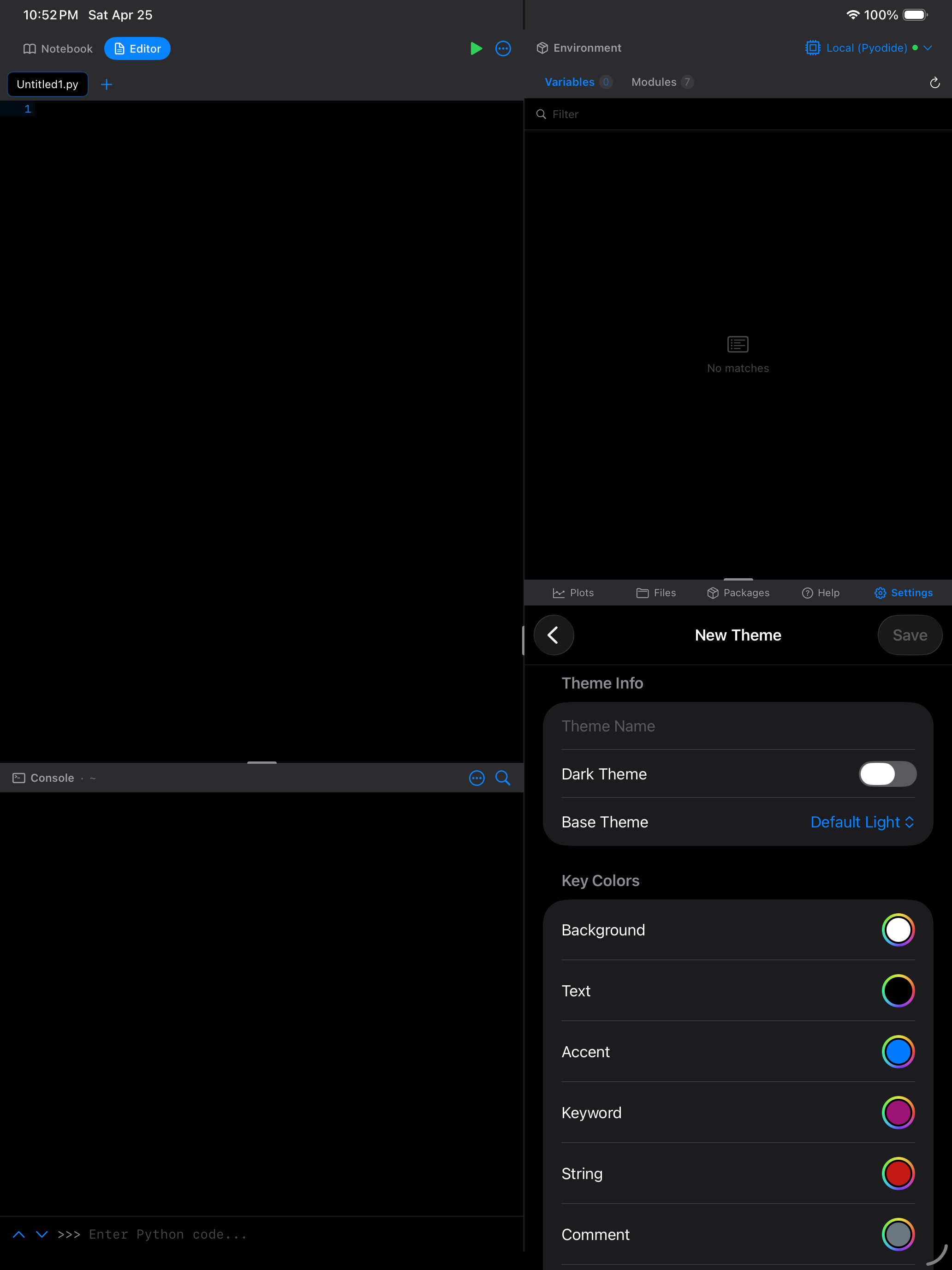 Theme editor live preview on iPad in dark mode
