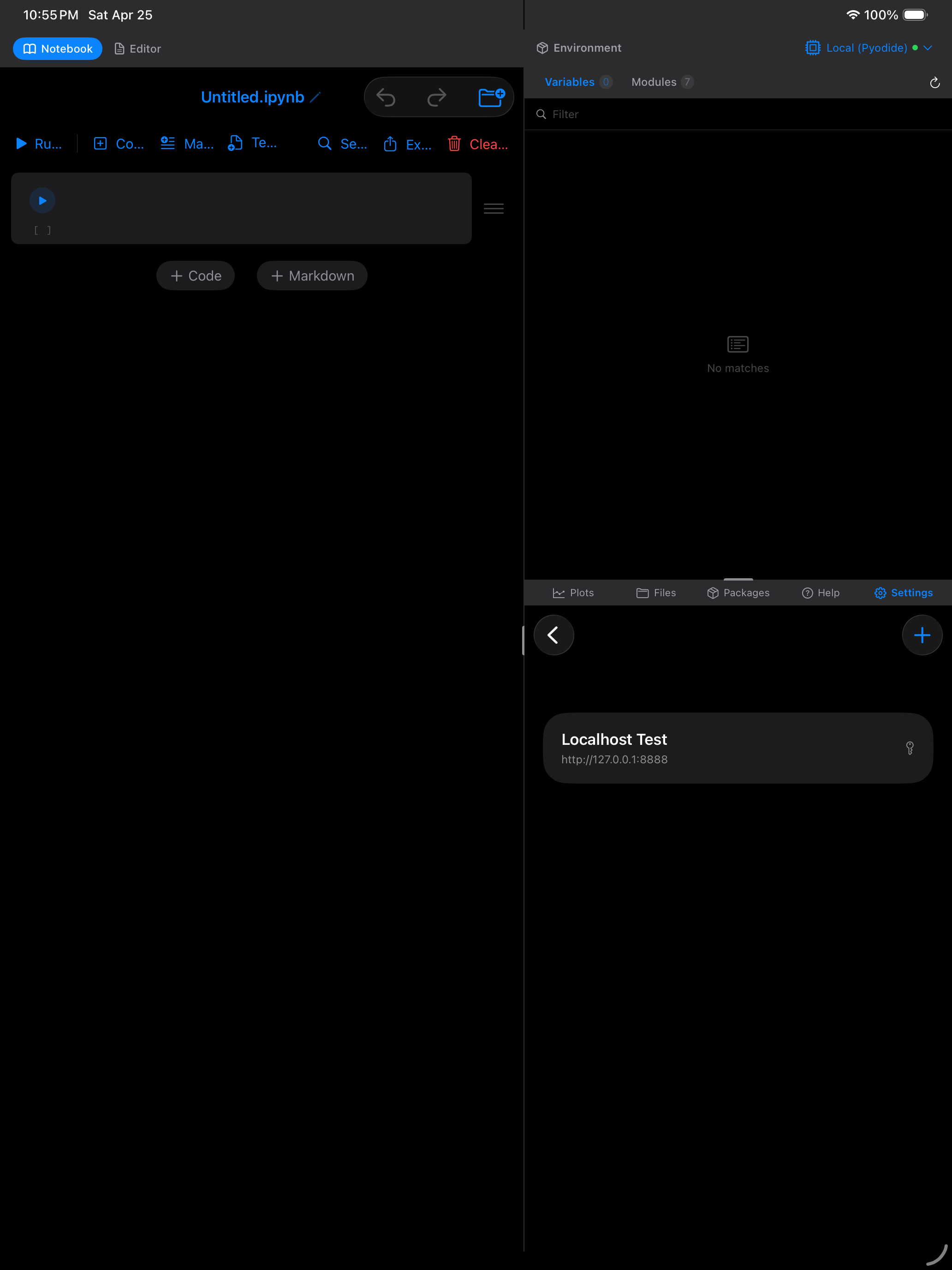 Jupyter Servers list in Settings on iPad in dark mode
