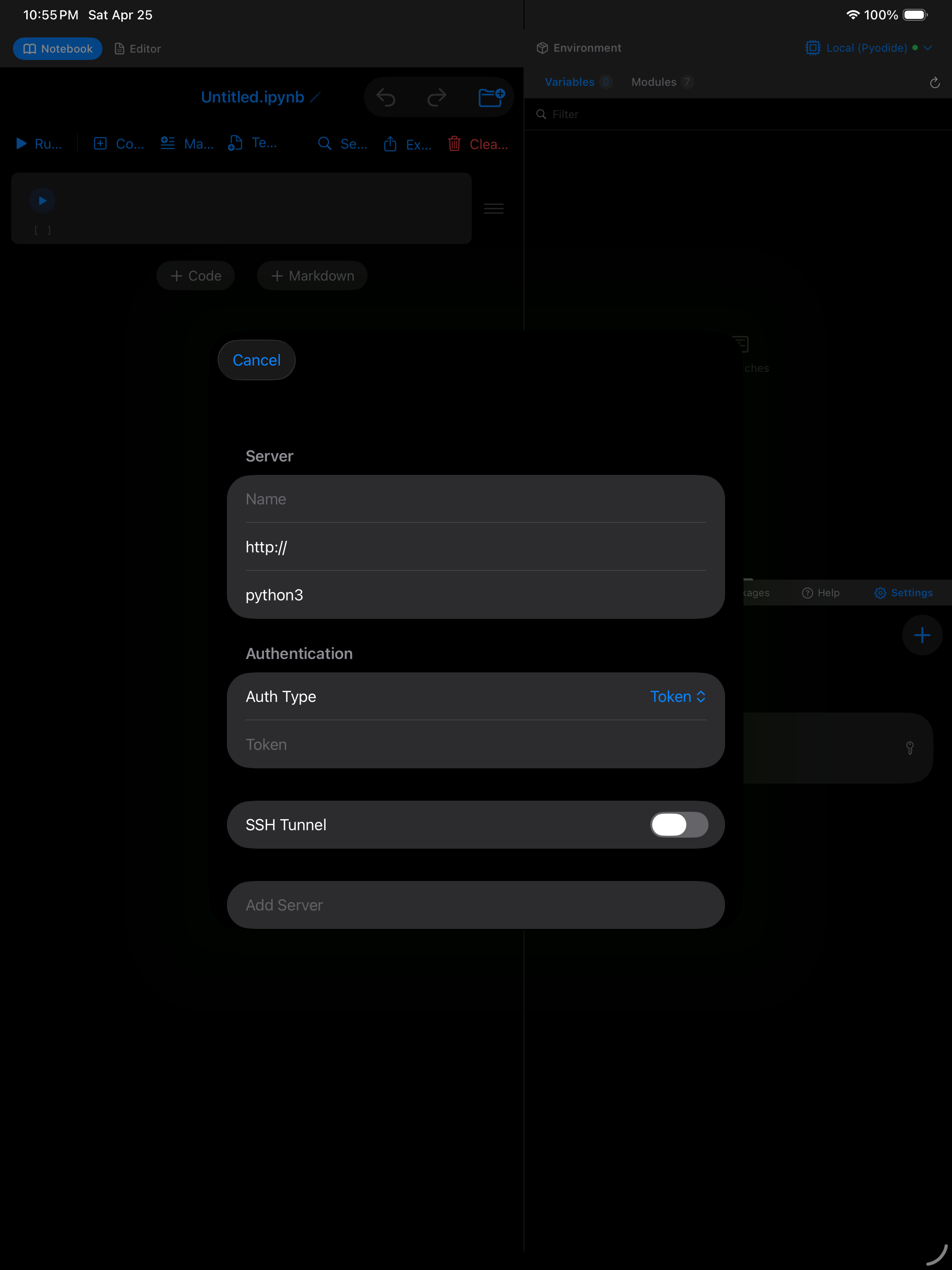 Add Jupyter Server form on iPad in dark mode