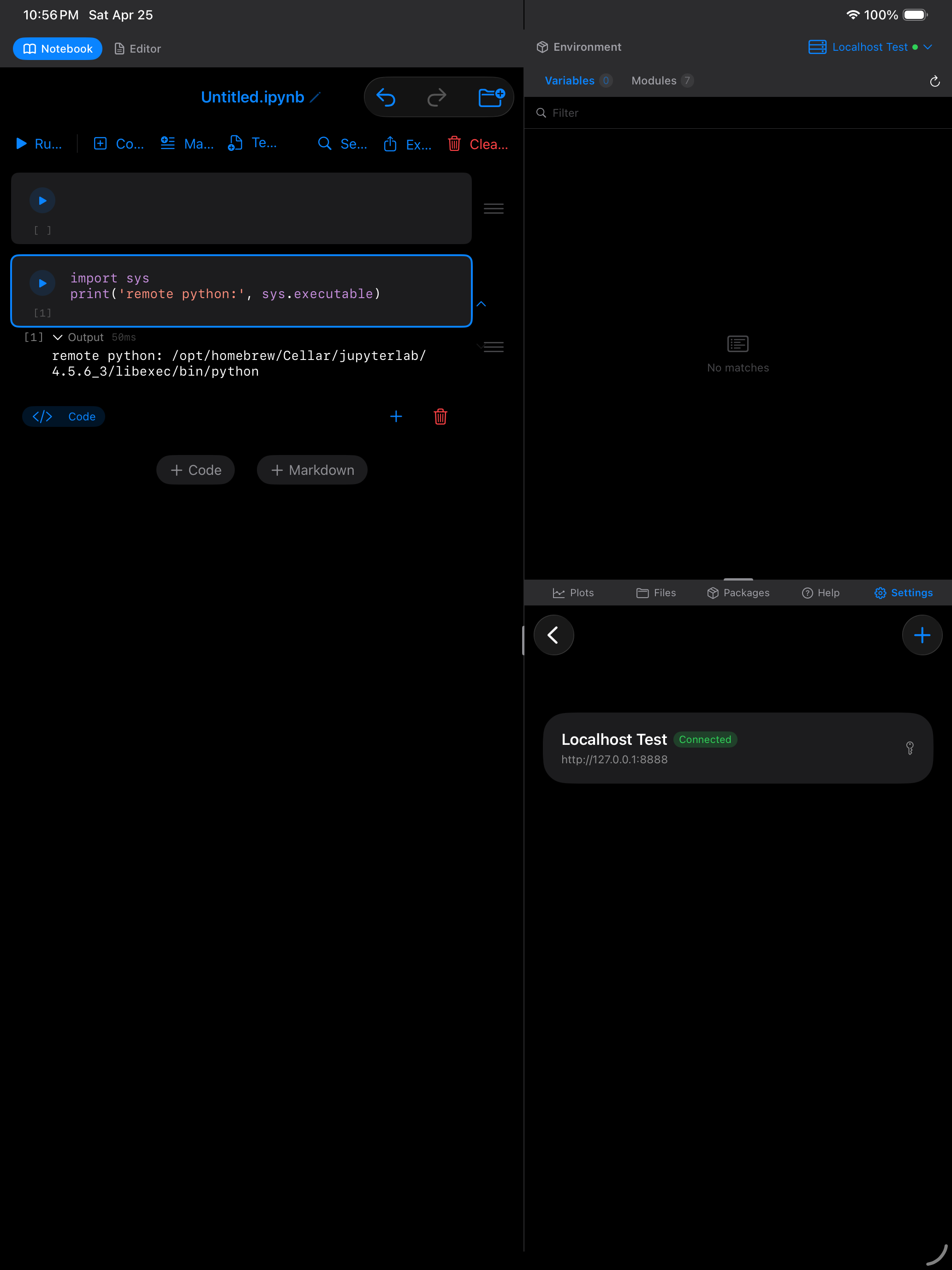 Notebook cell on iPad running against the remote kernel in dark mode