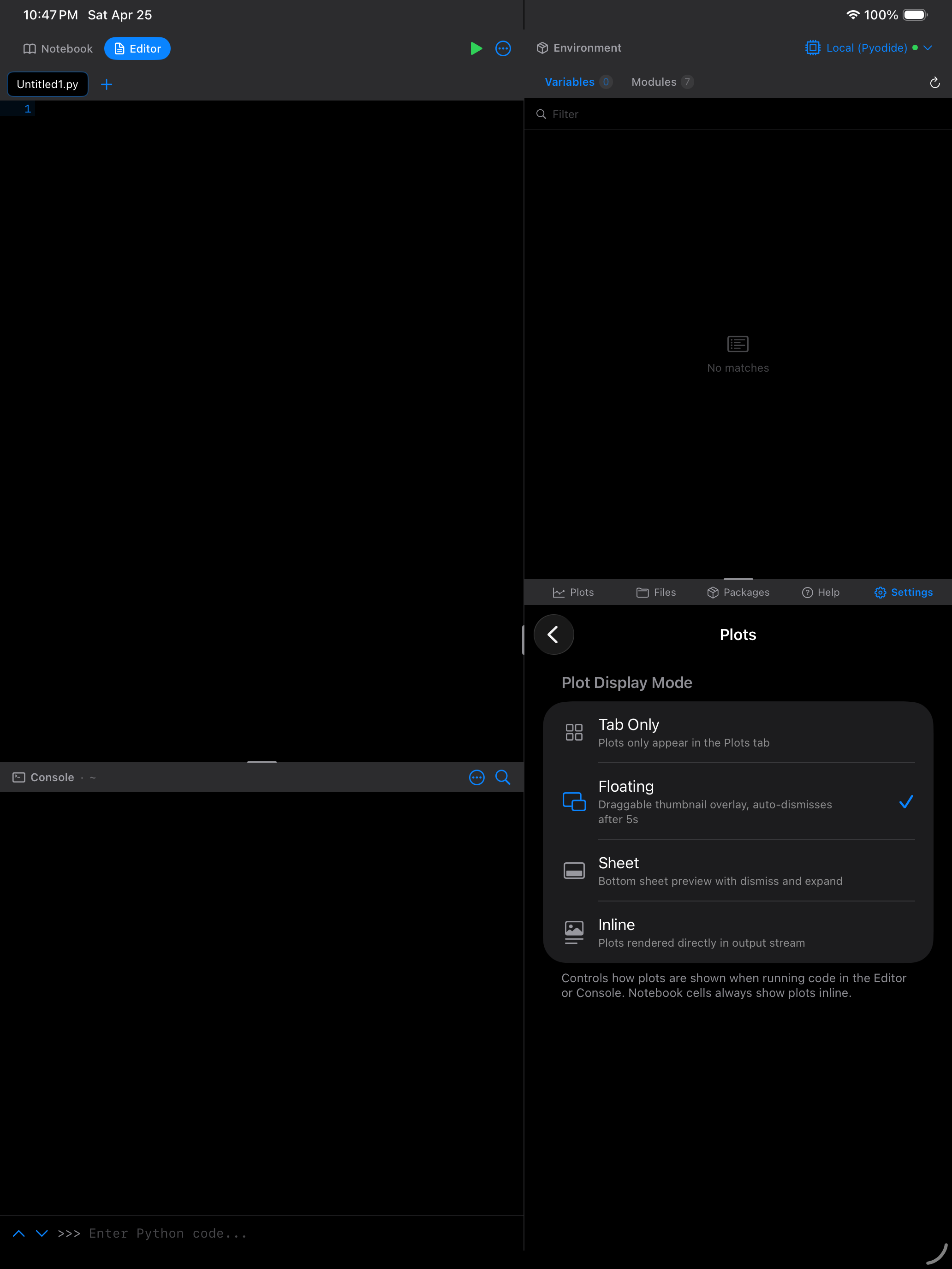 Plot settings on iPad in dark mode