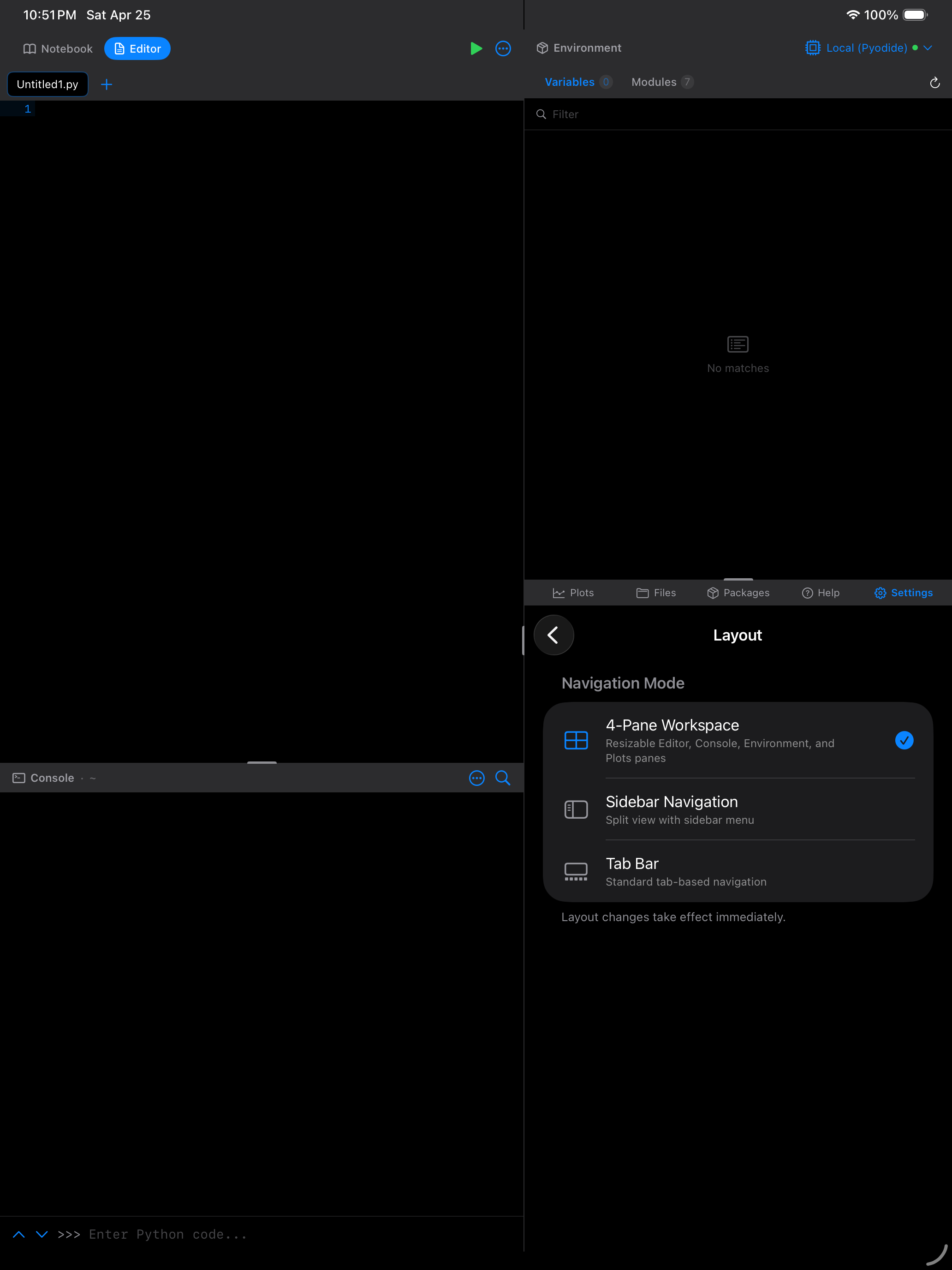 Layout settings on iPad in dark mode
