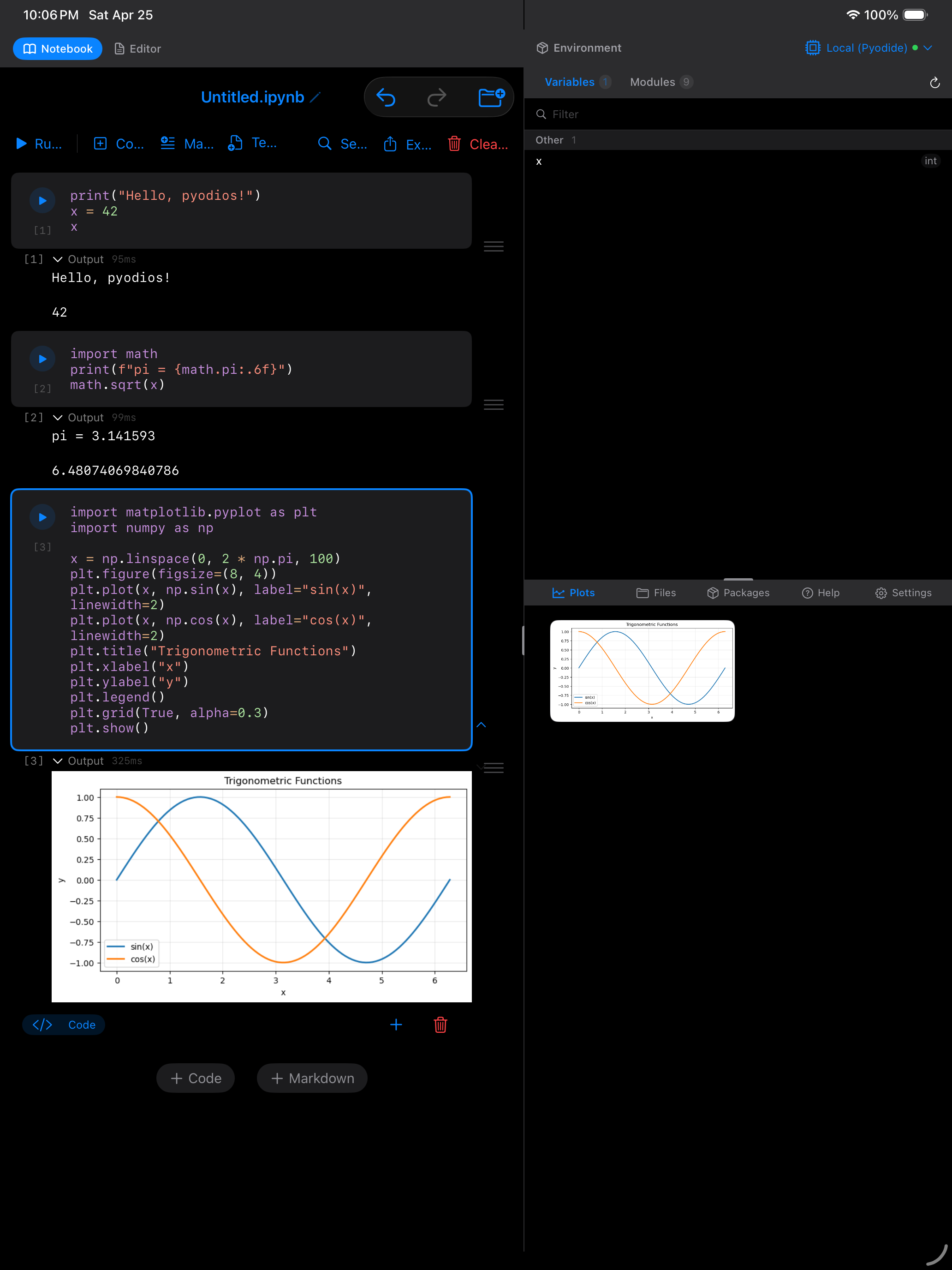 Trigonometric plot in Plots tab on iPad in dark mode