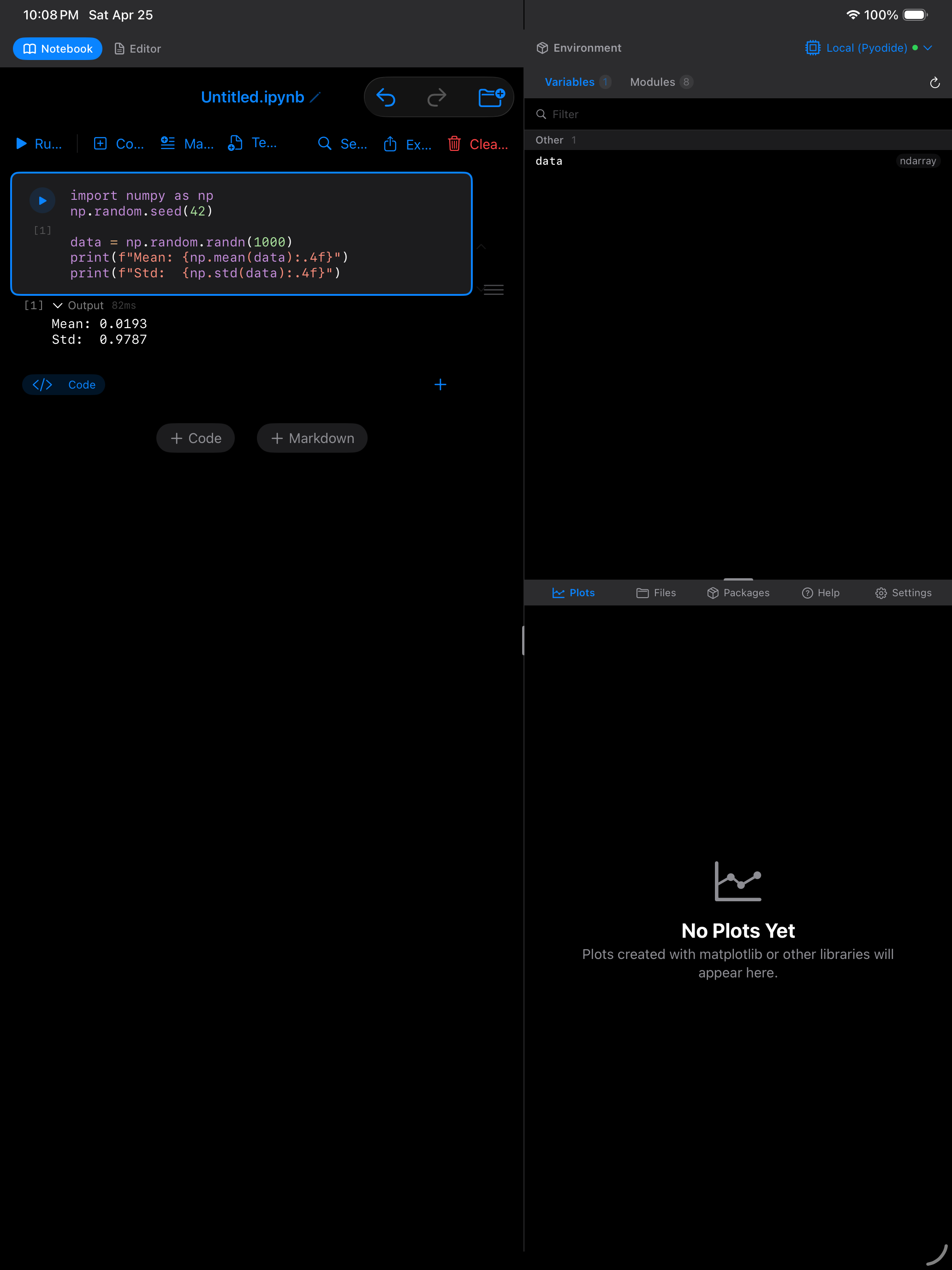Code cell on iPad in dark mode with numpy mean/std output