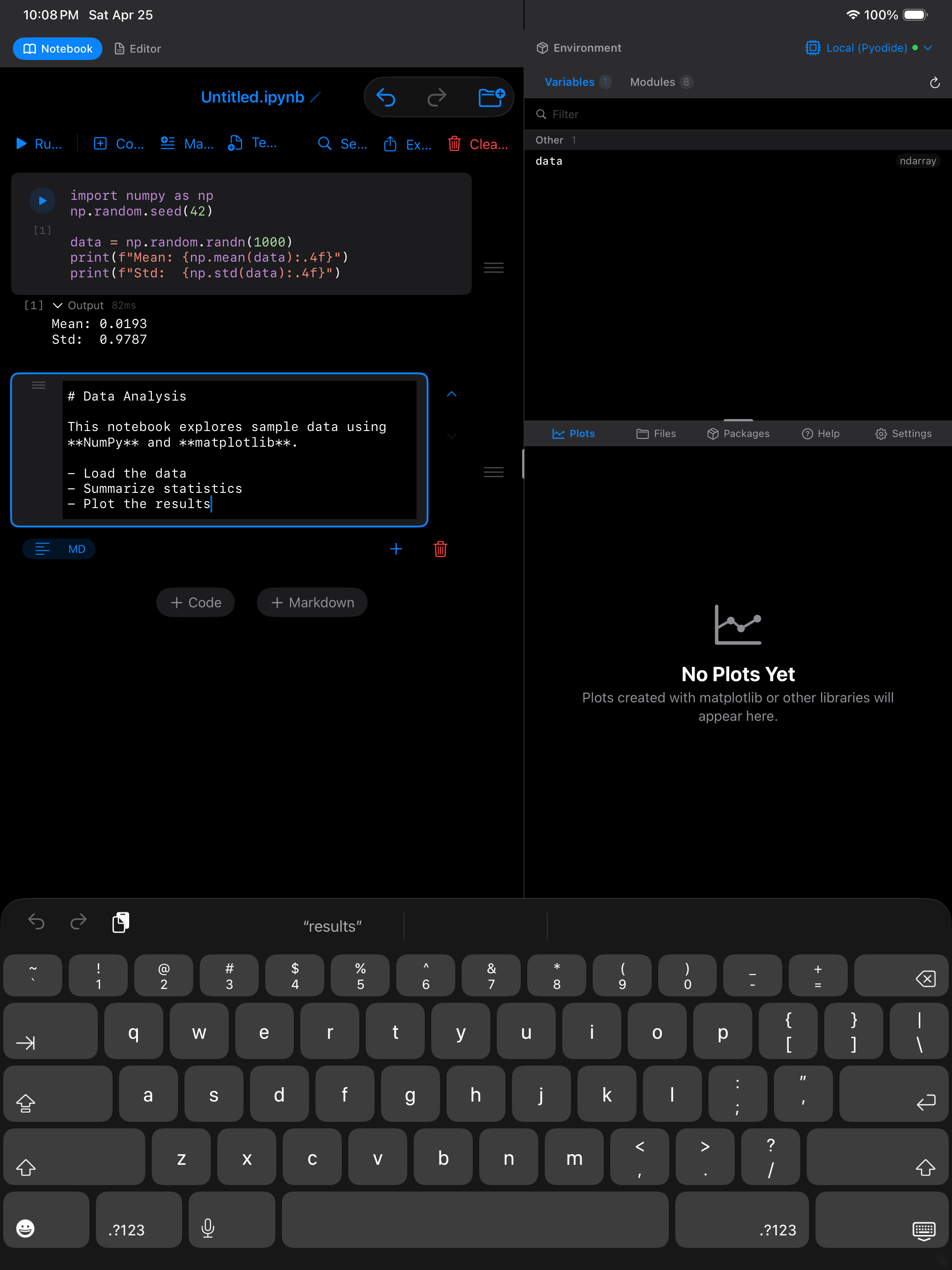 Markdown cell on iPad in edit mode in dark mode