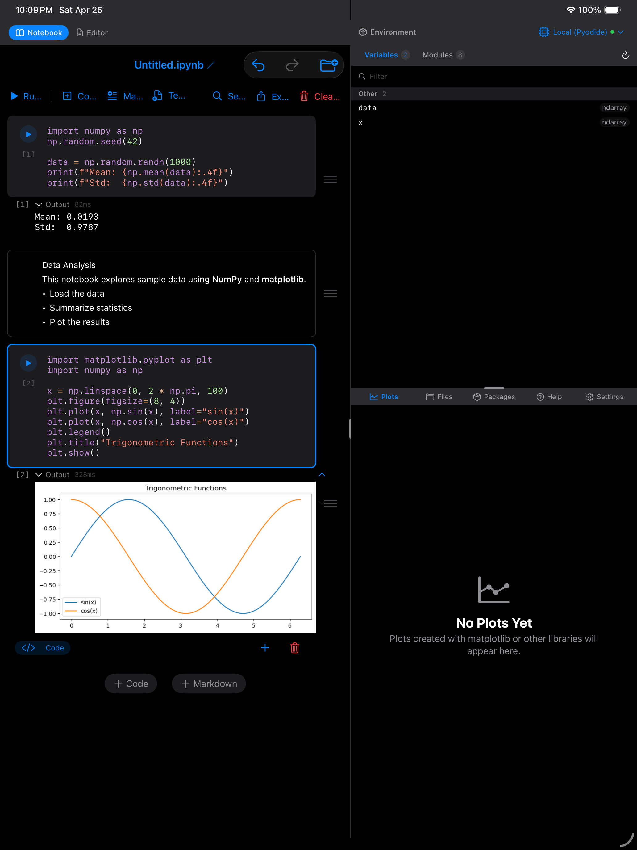 Notebook cell with plot output on iPad