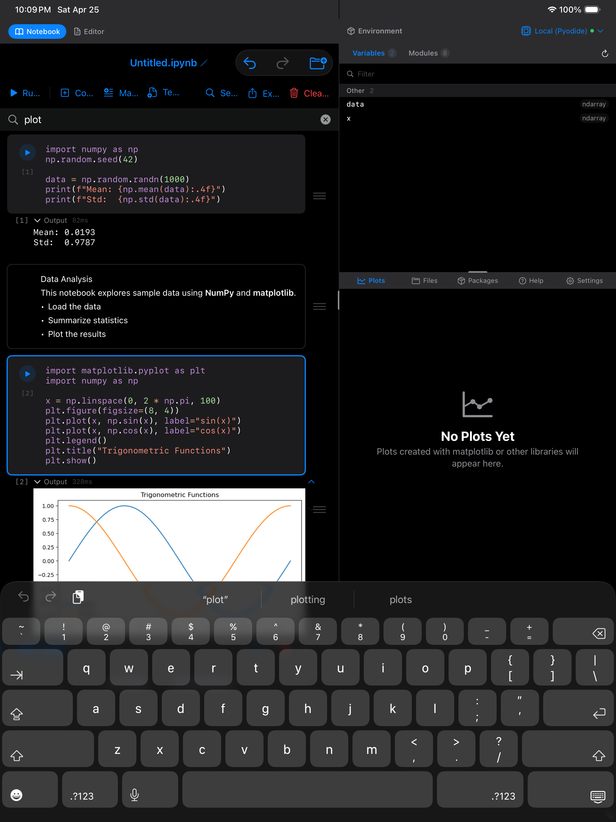 Notebook search bar open on iPad in dark mode