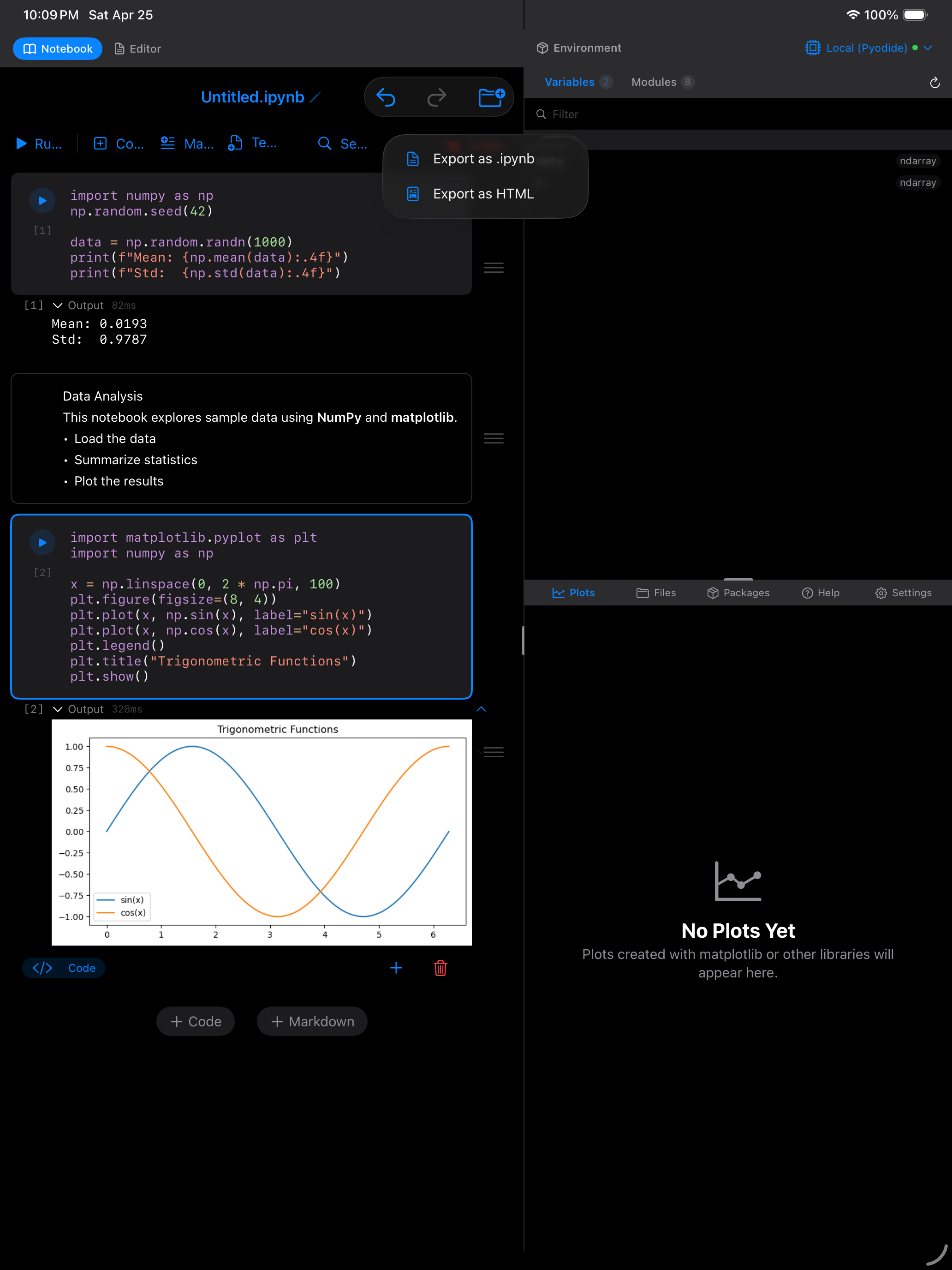 Export menu open on iPad in dark mode