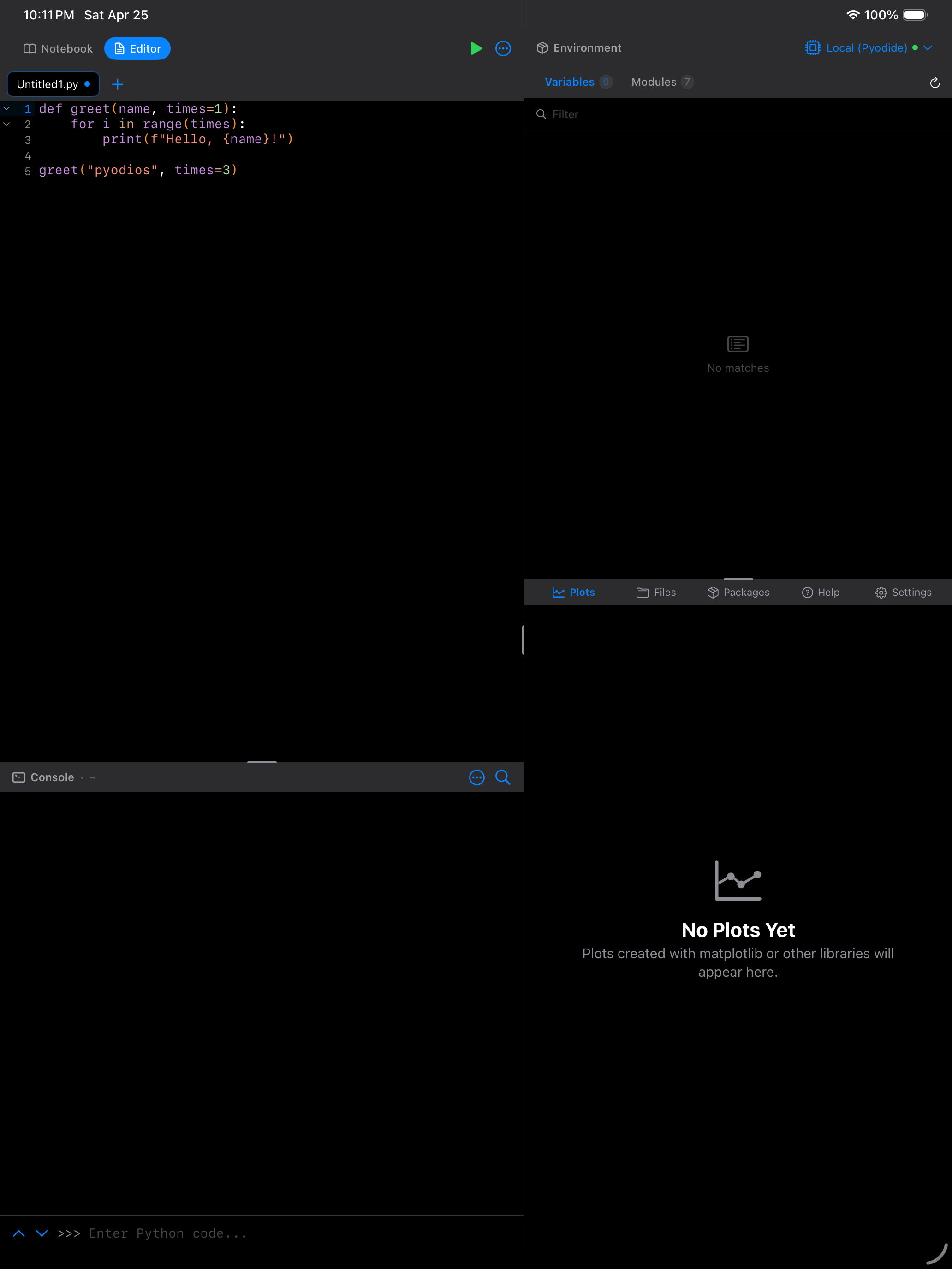 Editor on iPad in dark mode with greet() function