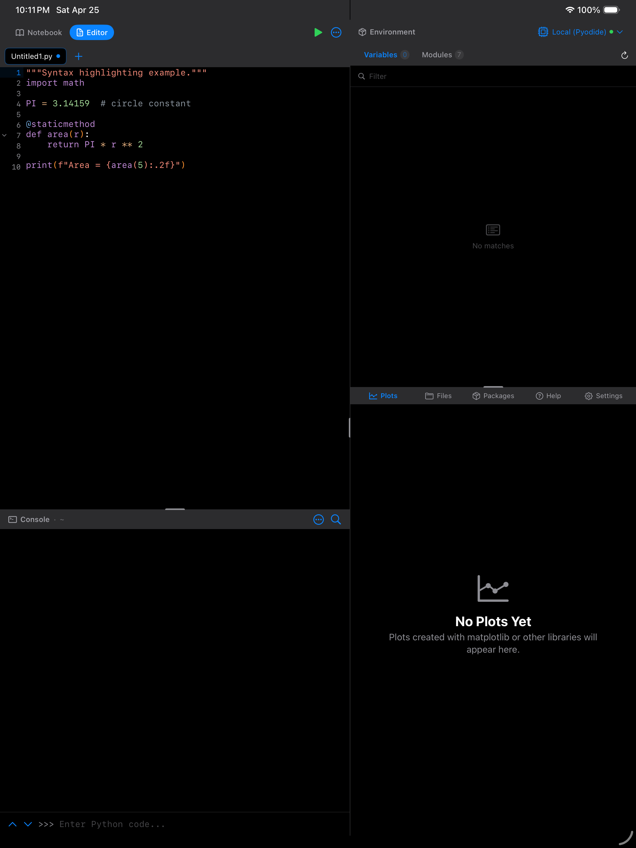 Editor on iPad in dark mode with Python syntax highlighting