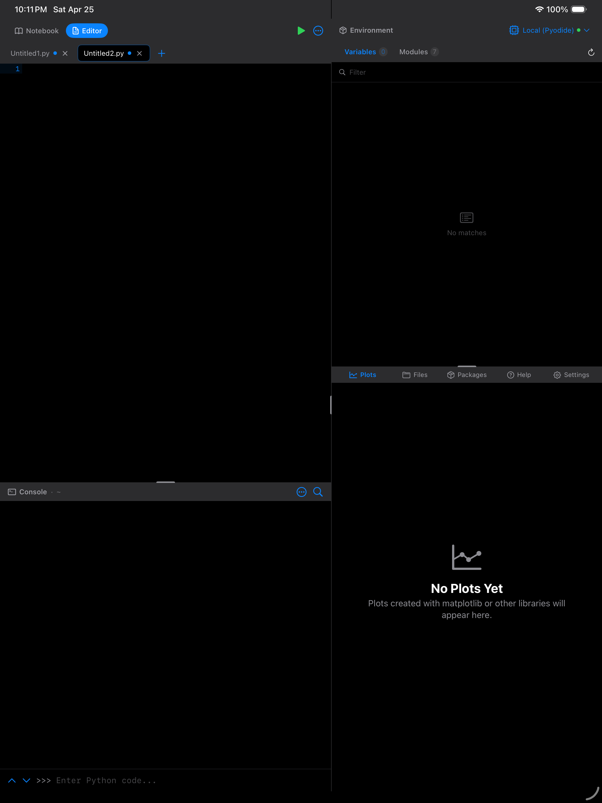 Editor on iPad in dark mode with two open tabs