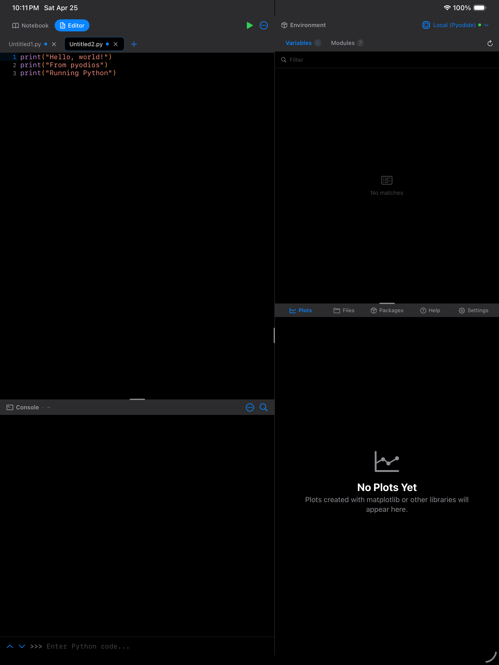 Editor on iPad in dark mode with green run button