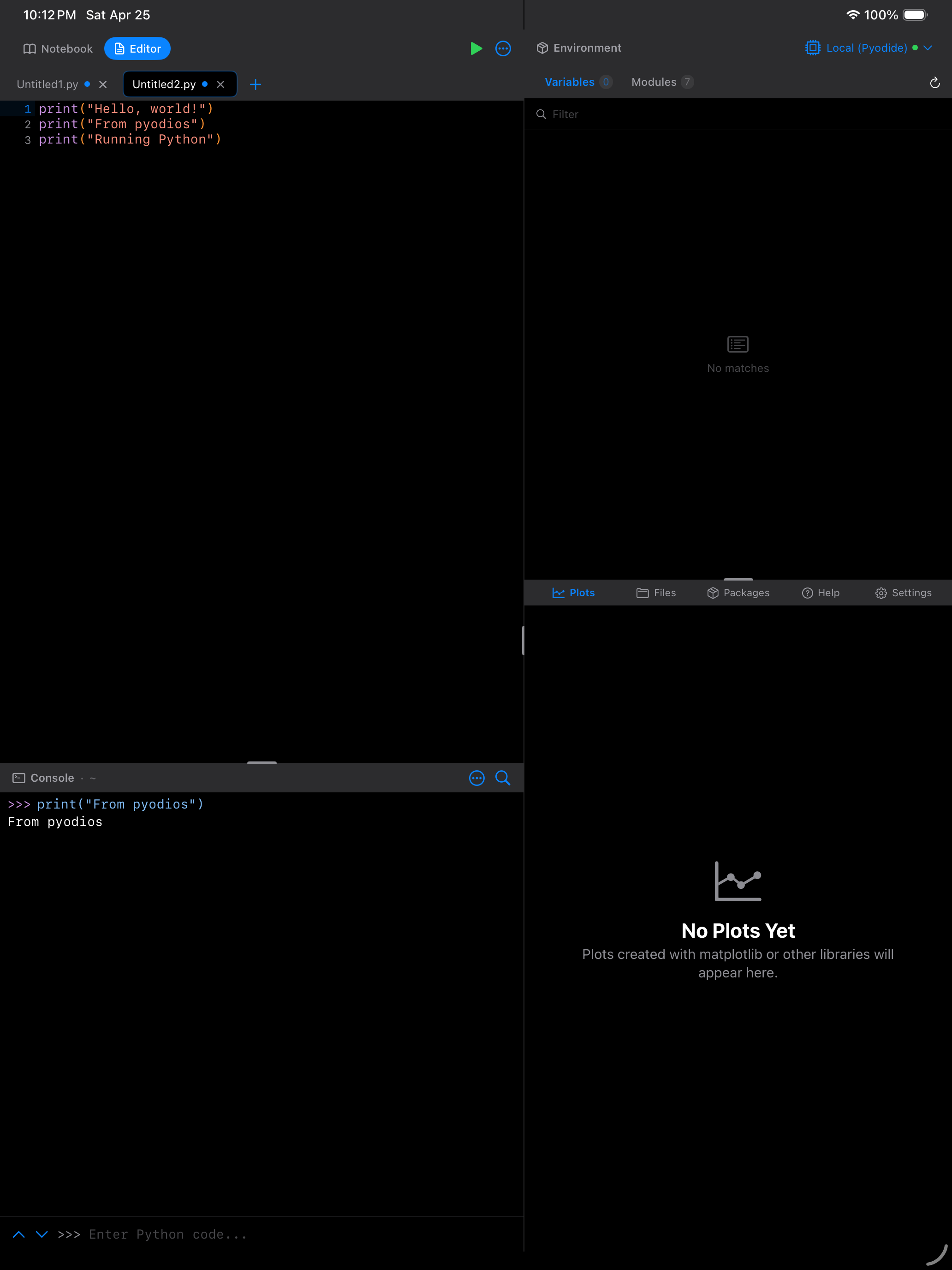 Editor on iPad in dark mode with blue run button