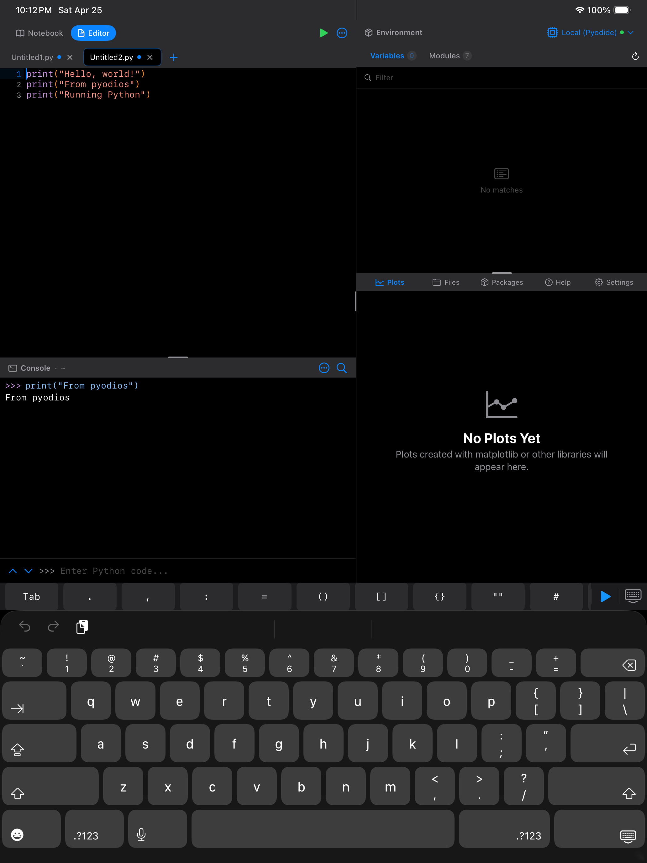 Editor on iPad in dark mode with the Python keyboard accessory toolbar