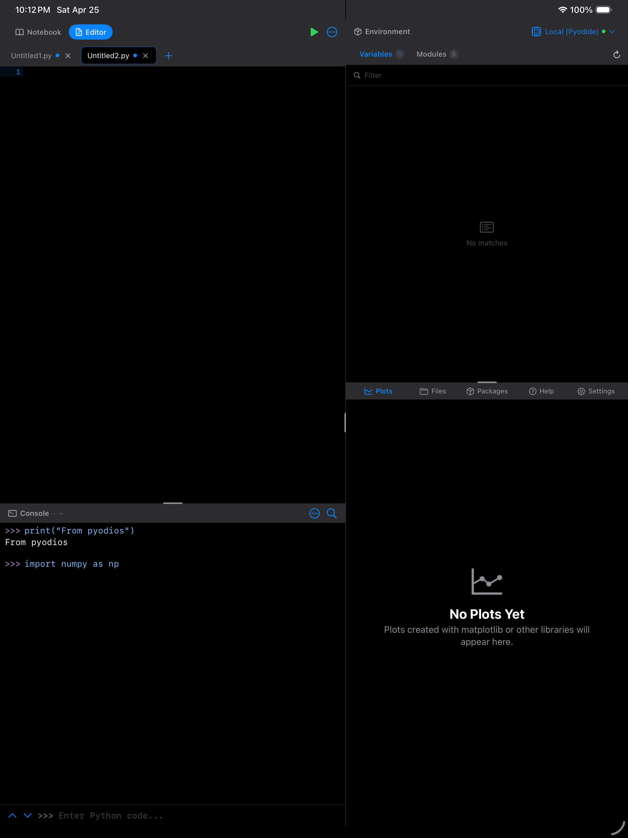Editor on iPad in dark mode showing the source file