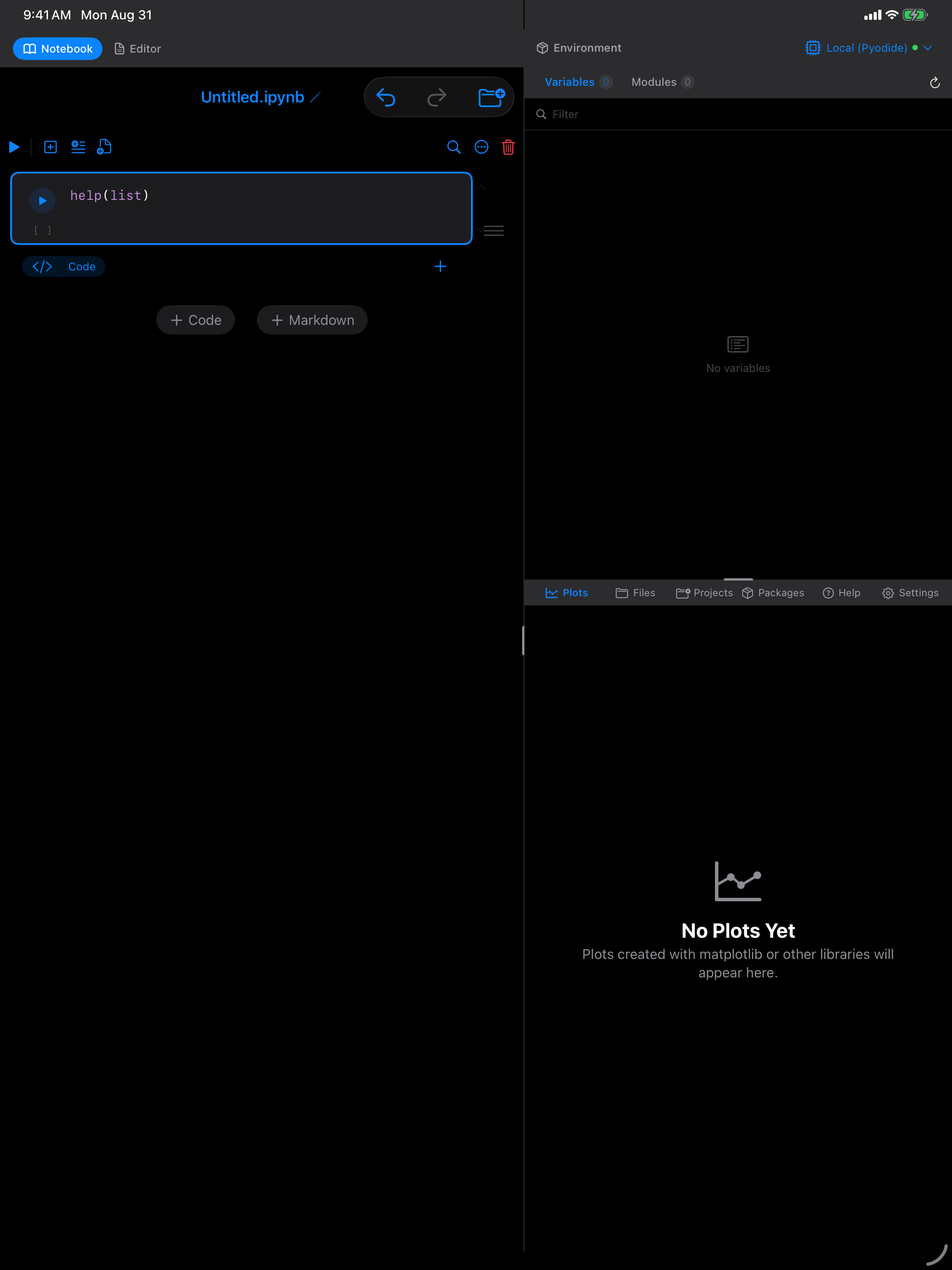 A notebook cell containing help(list) on iPad, before it has been run in dark mode