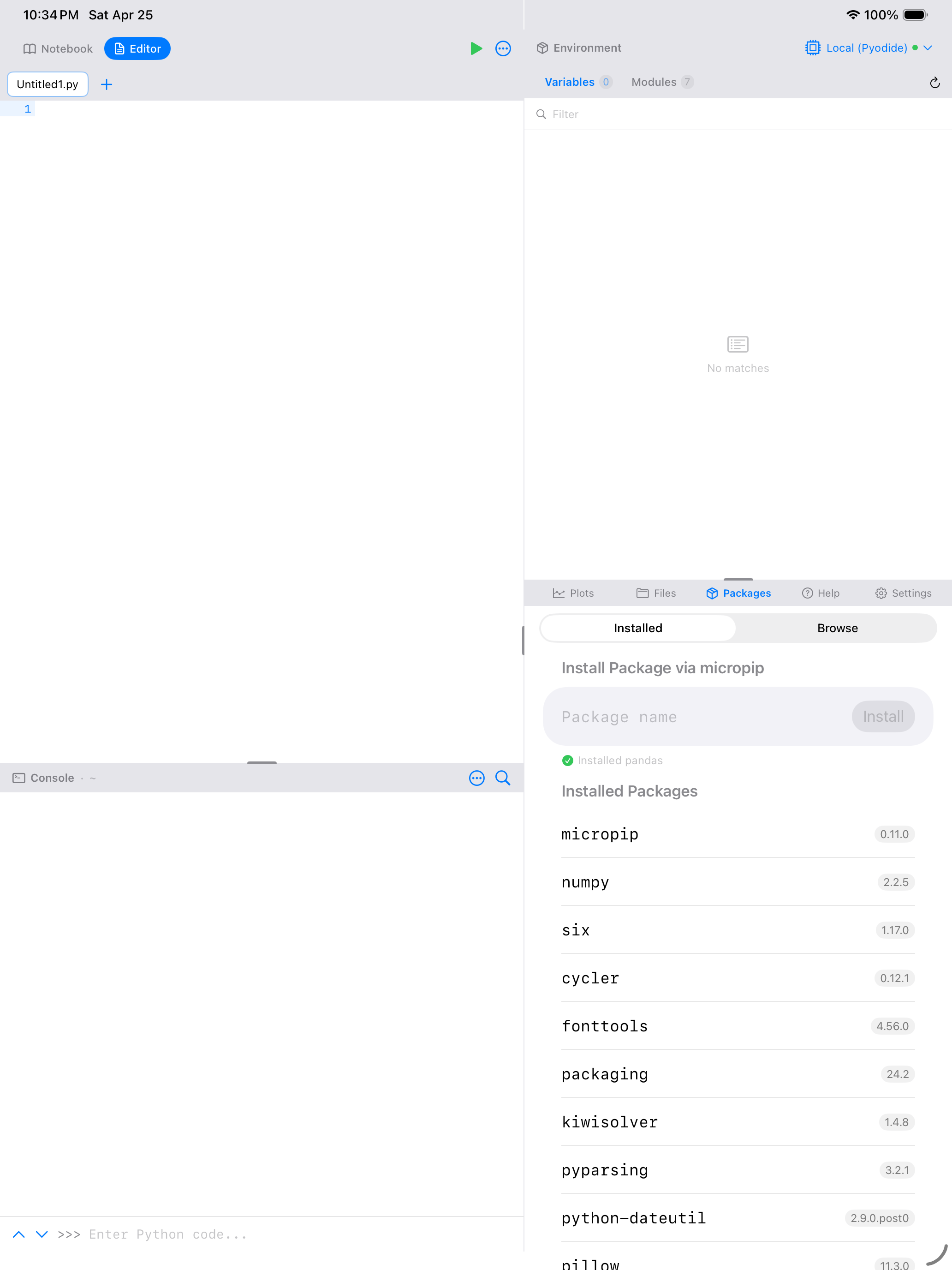Packages tab on iPad showing a list of installed Python packages with version numbers