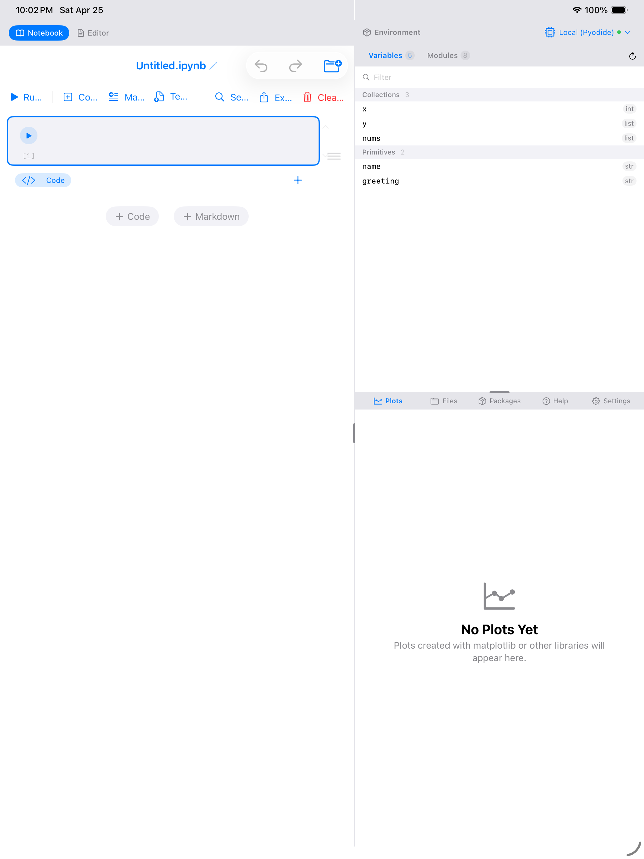 Three-pane notebook workspace on iPad