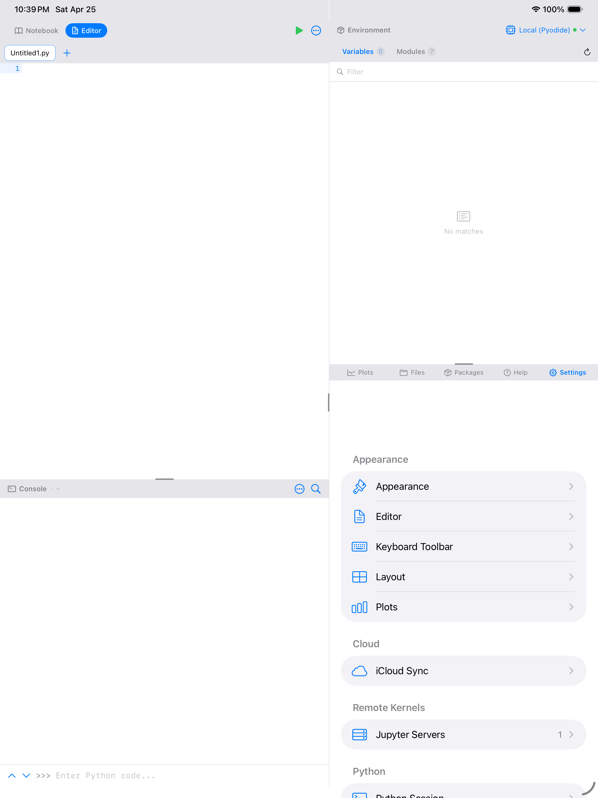 Settings tab on iPad showing sections for Appearance, Editor, Layout, Session, Cloud Sync, and more