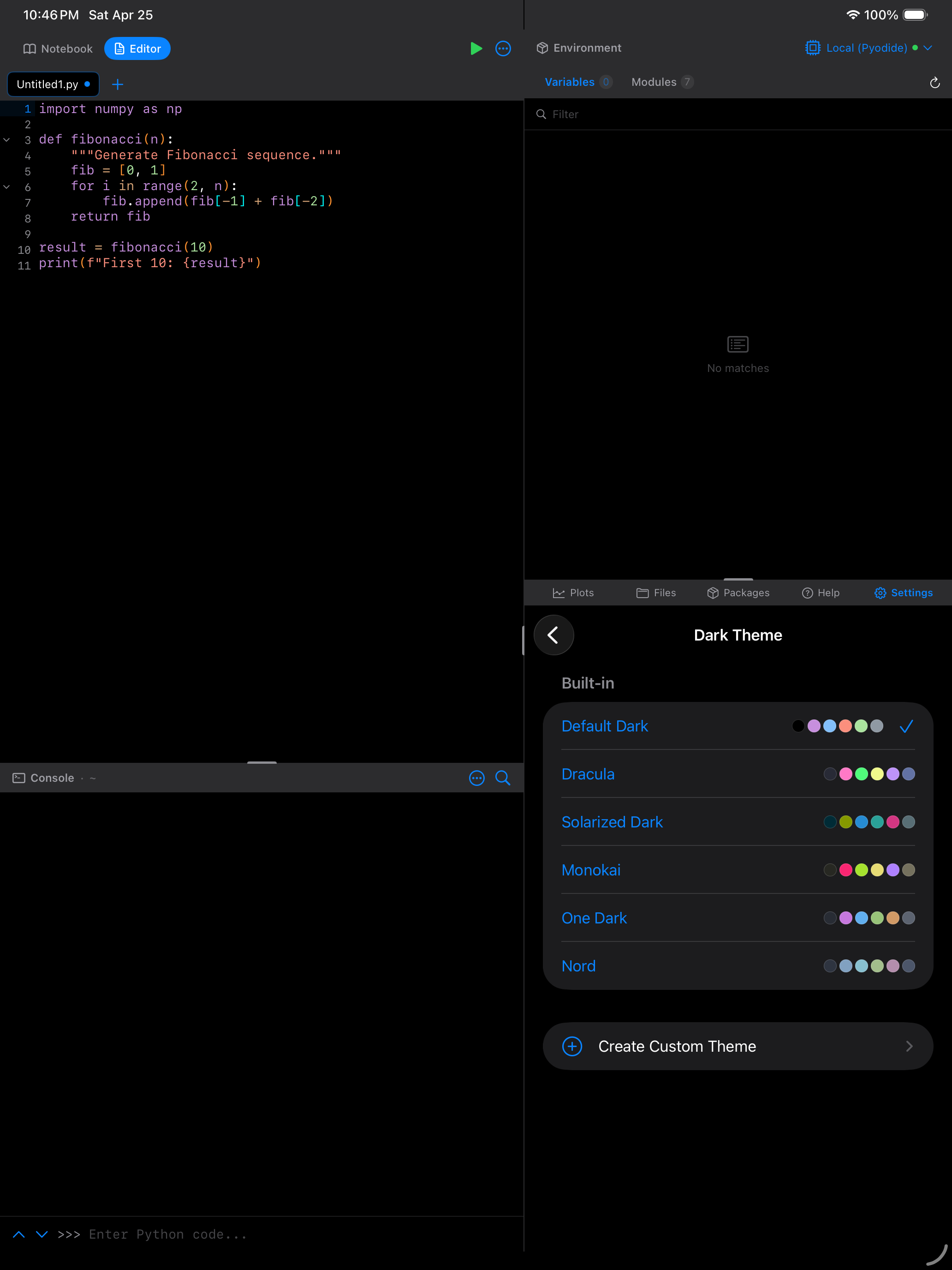Editor with Dracula theme on iPad