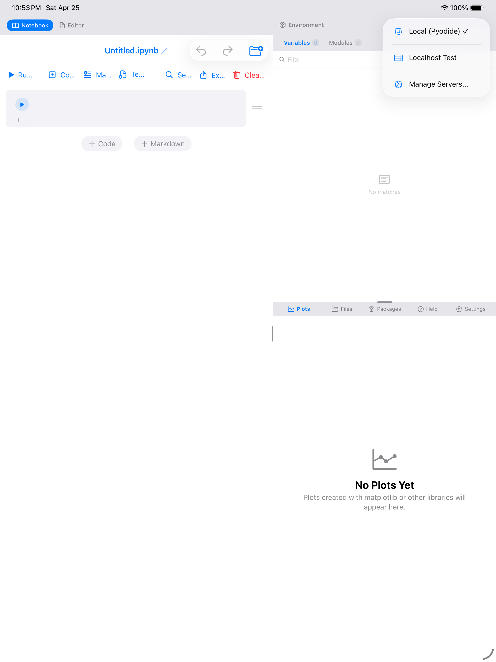 Kernel picker dropdown showing Local and remote server options on iPad