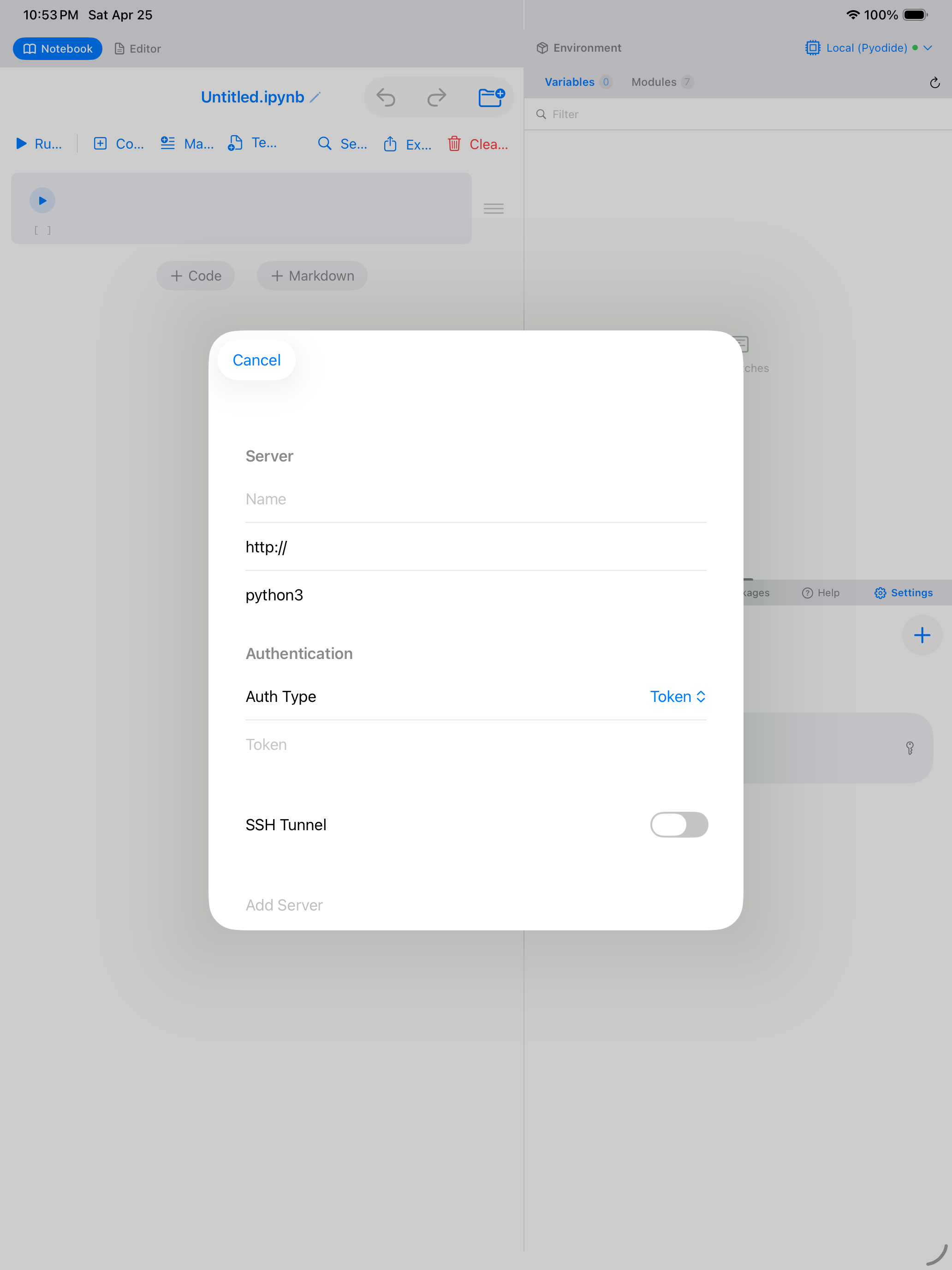 Add Jupyter Server form on iPad showing name, URL, and authentication fields