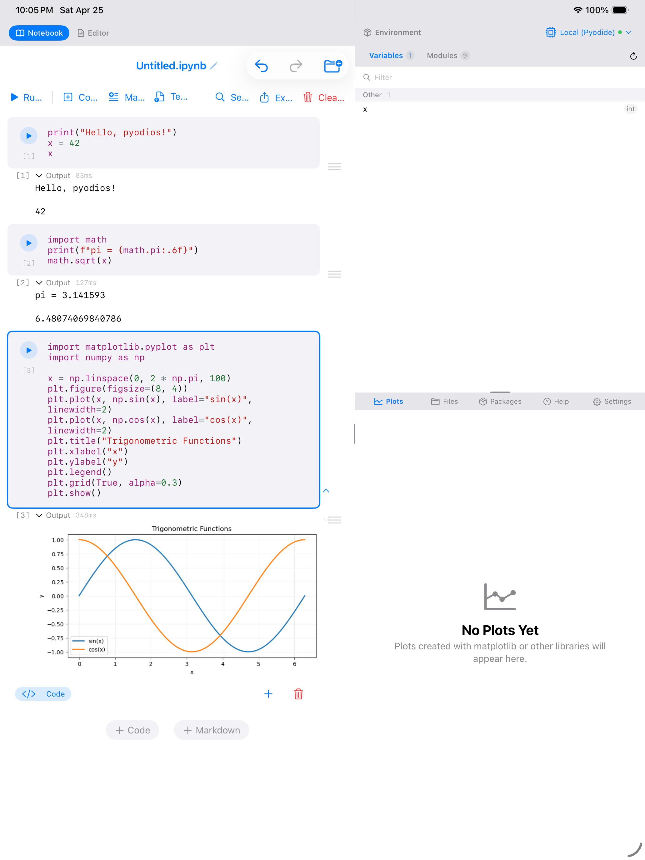 Trigonometric plot in Plots tab on iPad