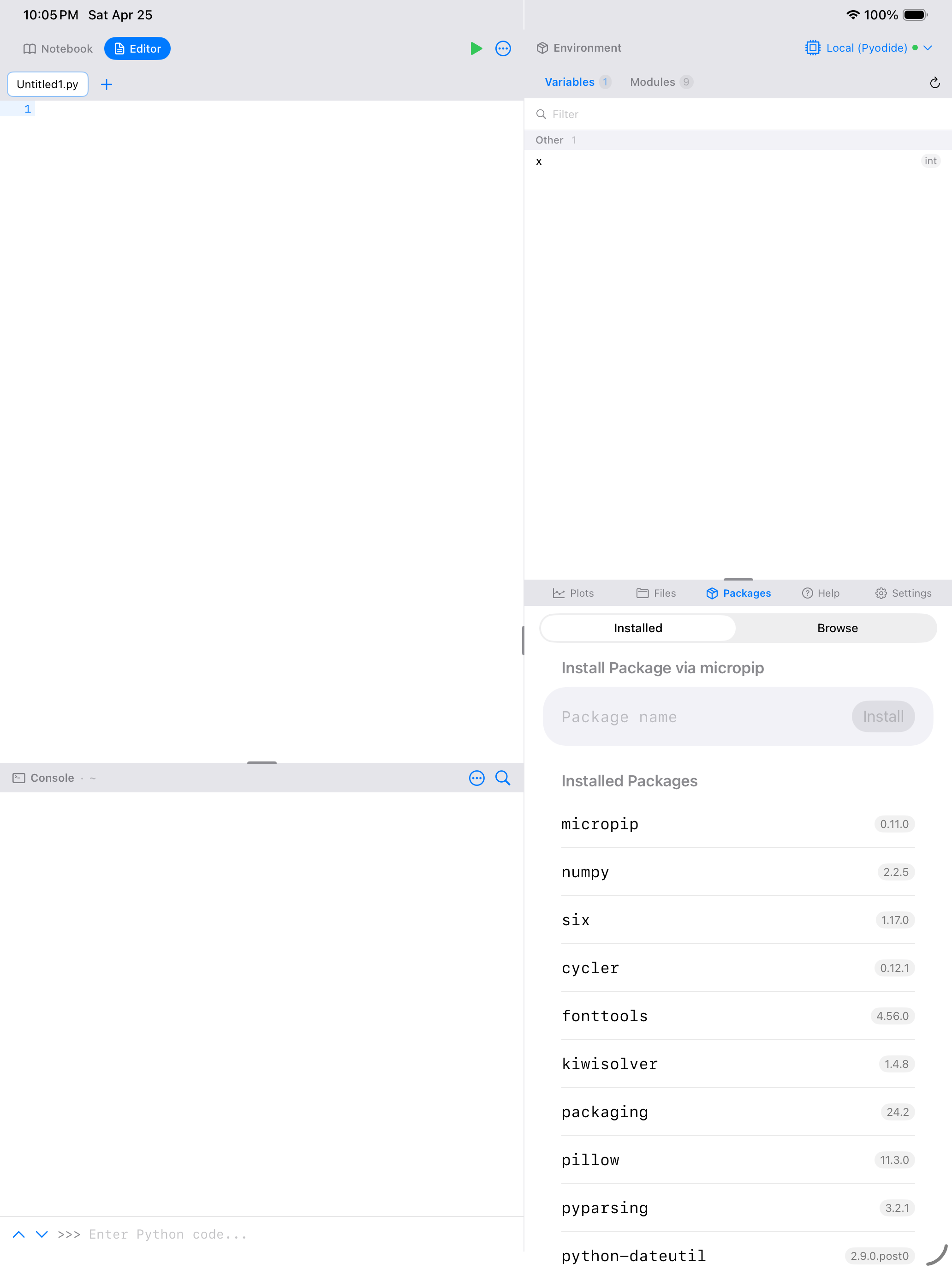 Packages tab on iPad with inline Install Package field and Installed segment selected