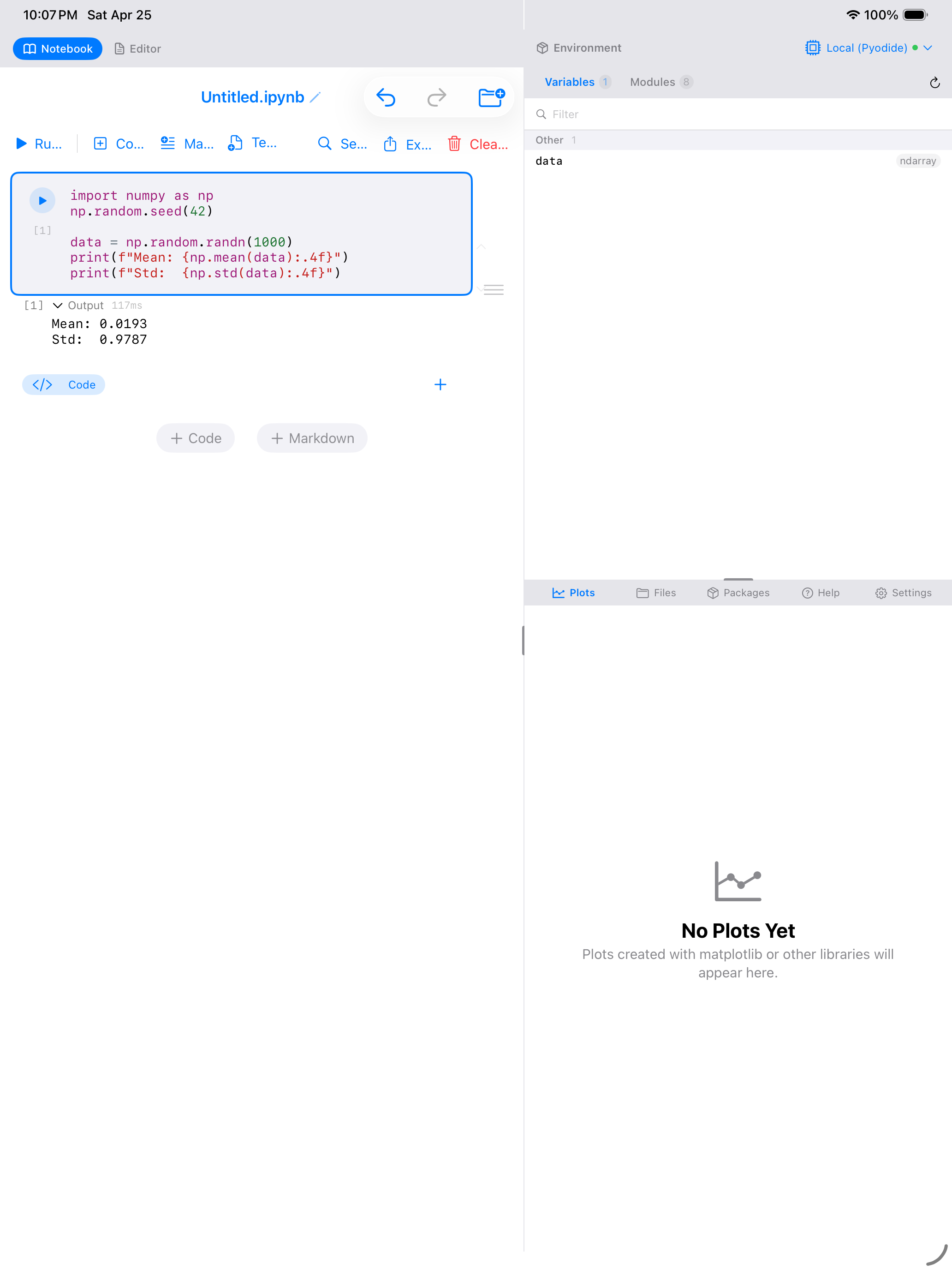 Code cell on iPad running the numpy mean and std example with printed output