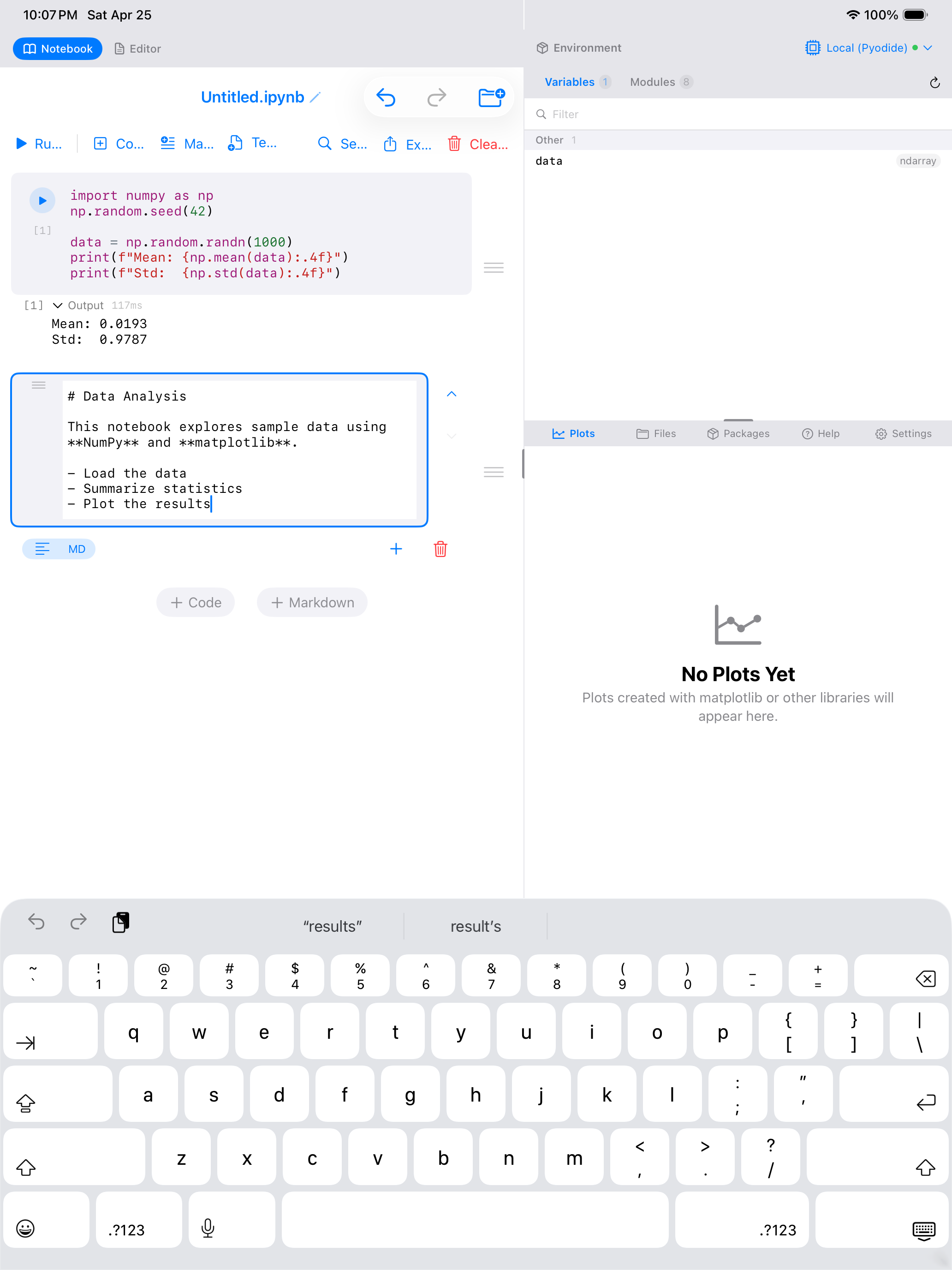 Markdown cell on iPad in edit mode showing raw markdown source