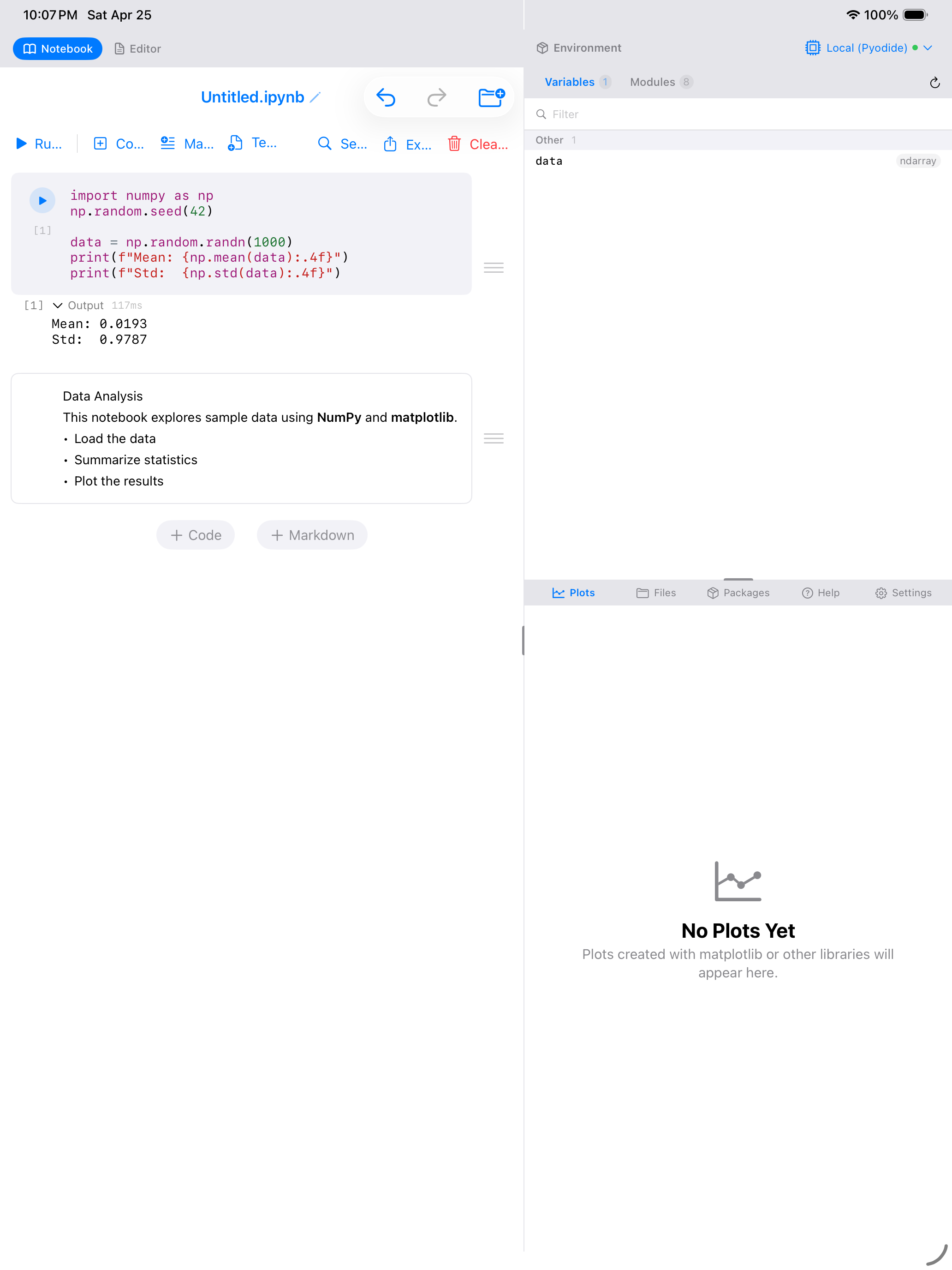Markdown cell on iPad rendered with heading, bold, and bullet list