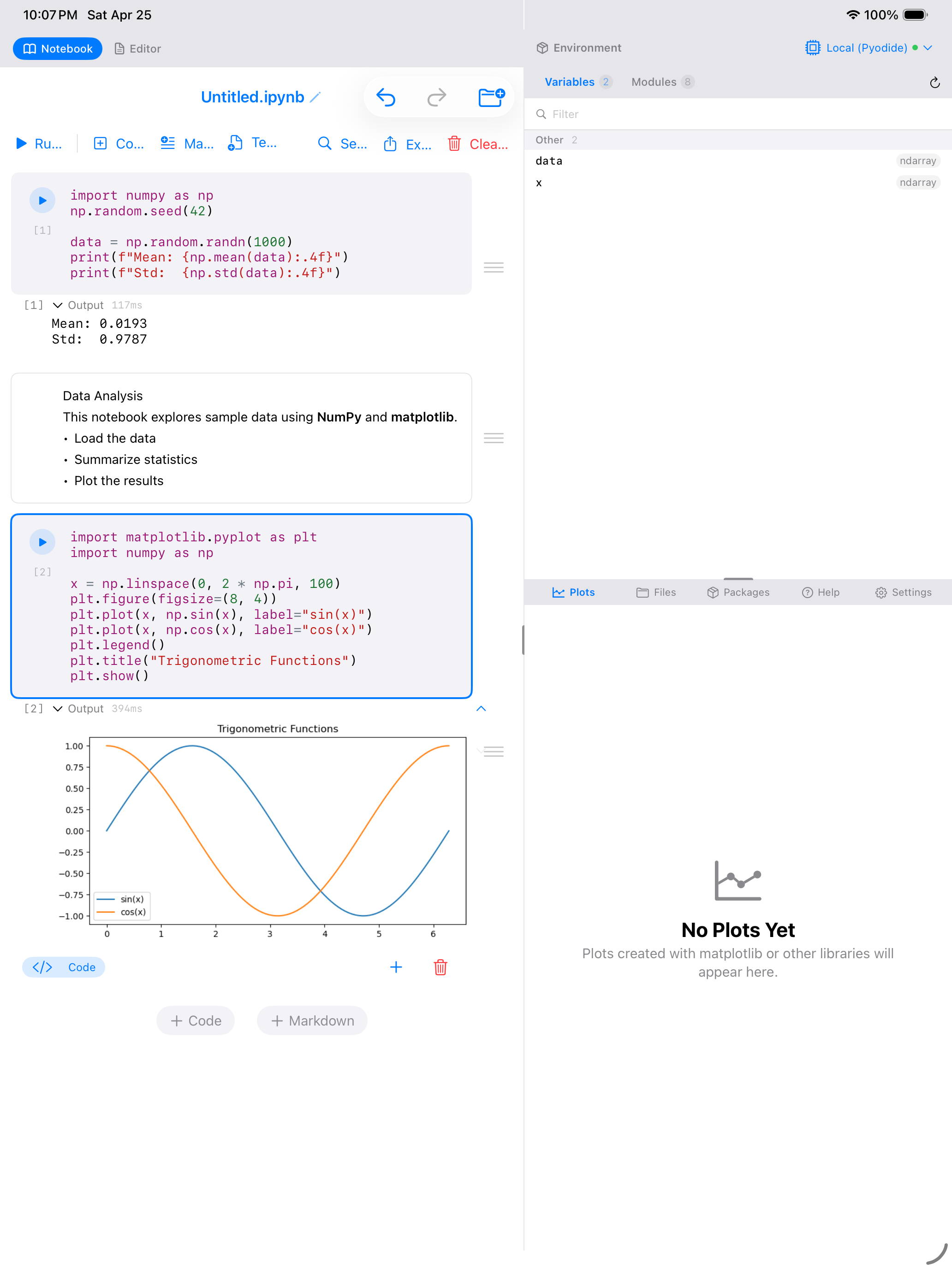 Notebook cell with plot output on iPad