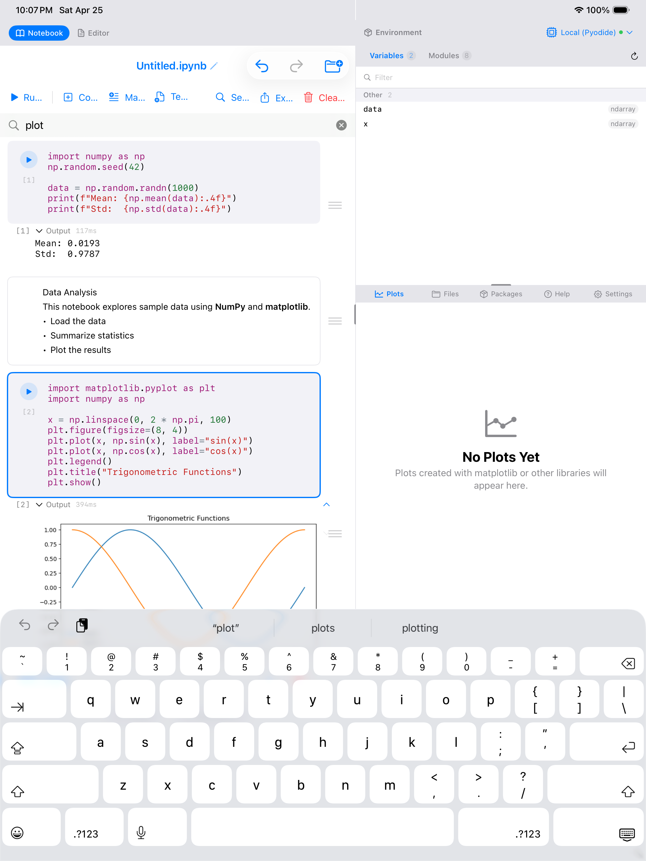 Notebook search bar open on iPad with a query typed in