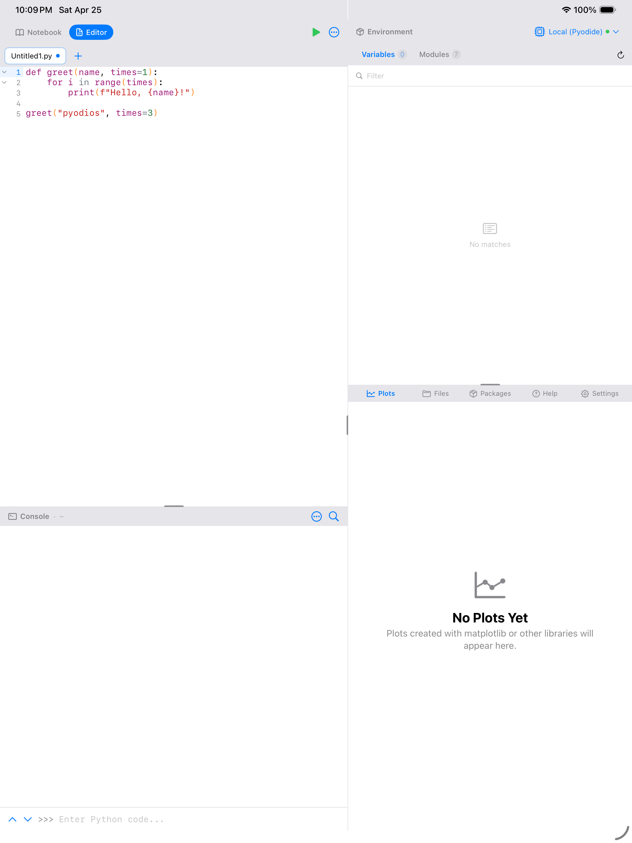 Editor on iPad showing a short greet() function