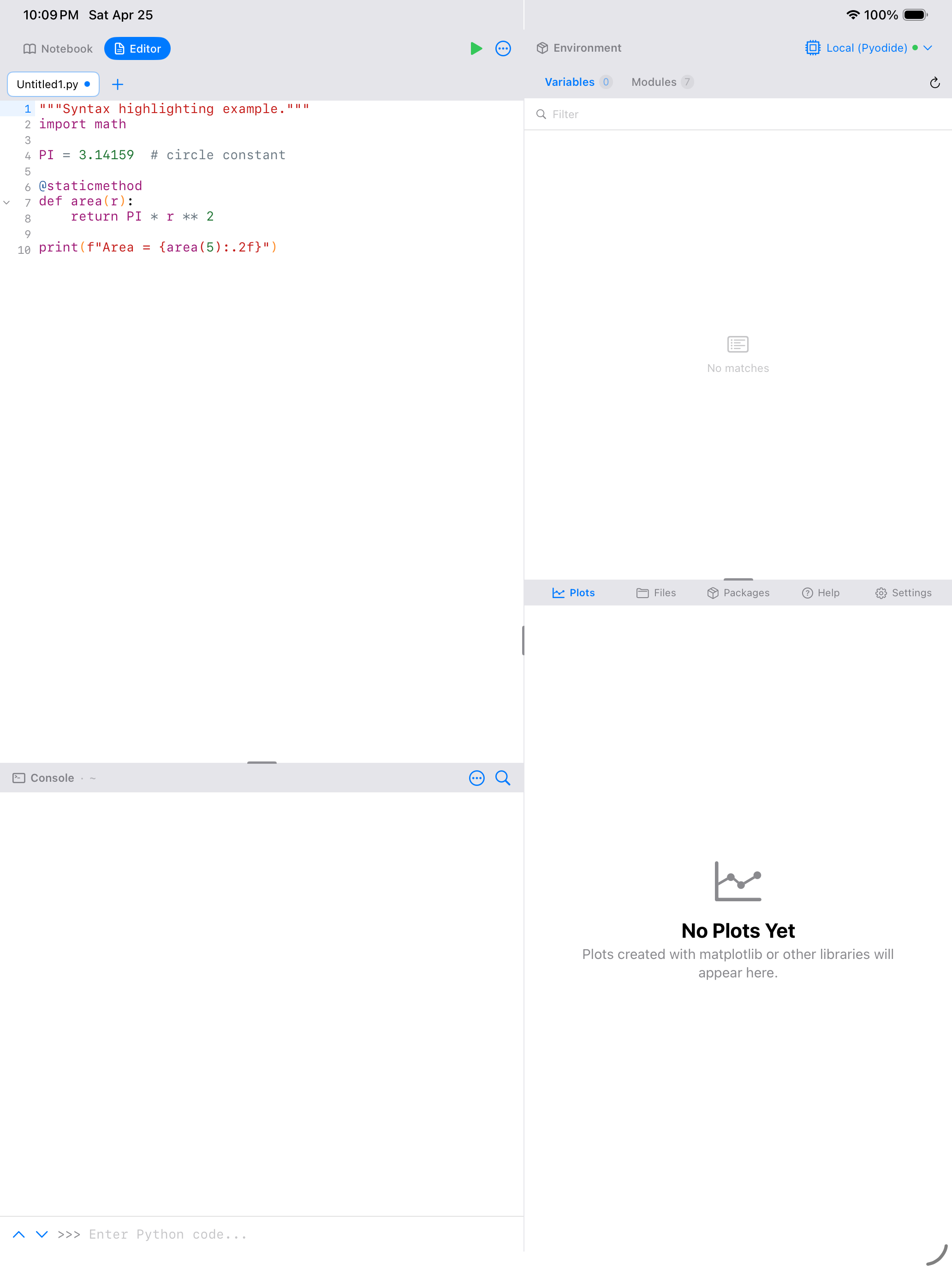 Editor on iPad showing Python syntax highlighting