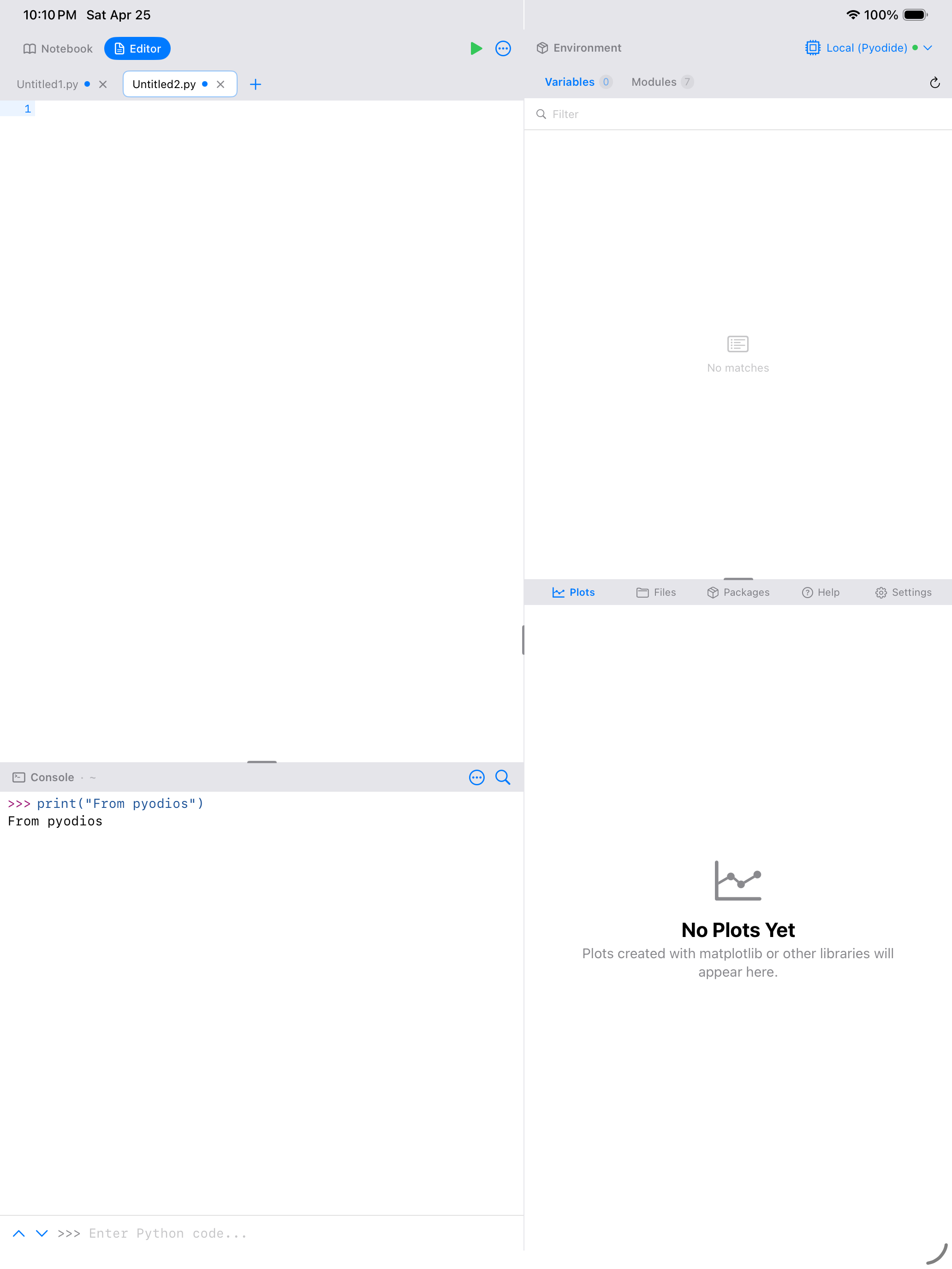 Editor on iPad with blue run button when text is selected