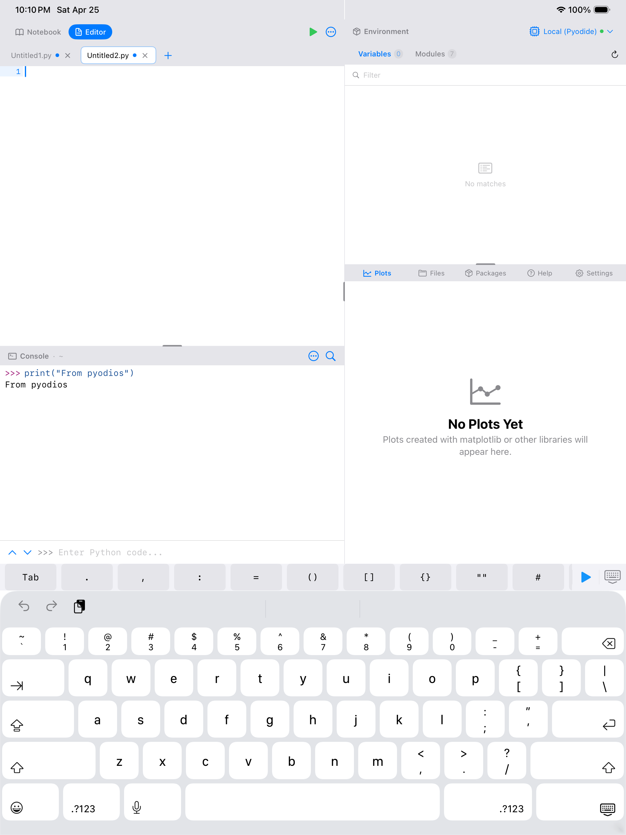 Editor on iPad with the Python keyboard accessory toolbar visible above the software keyboard