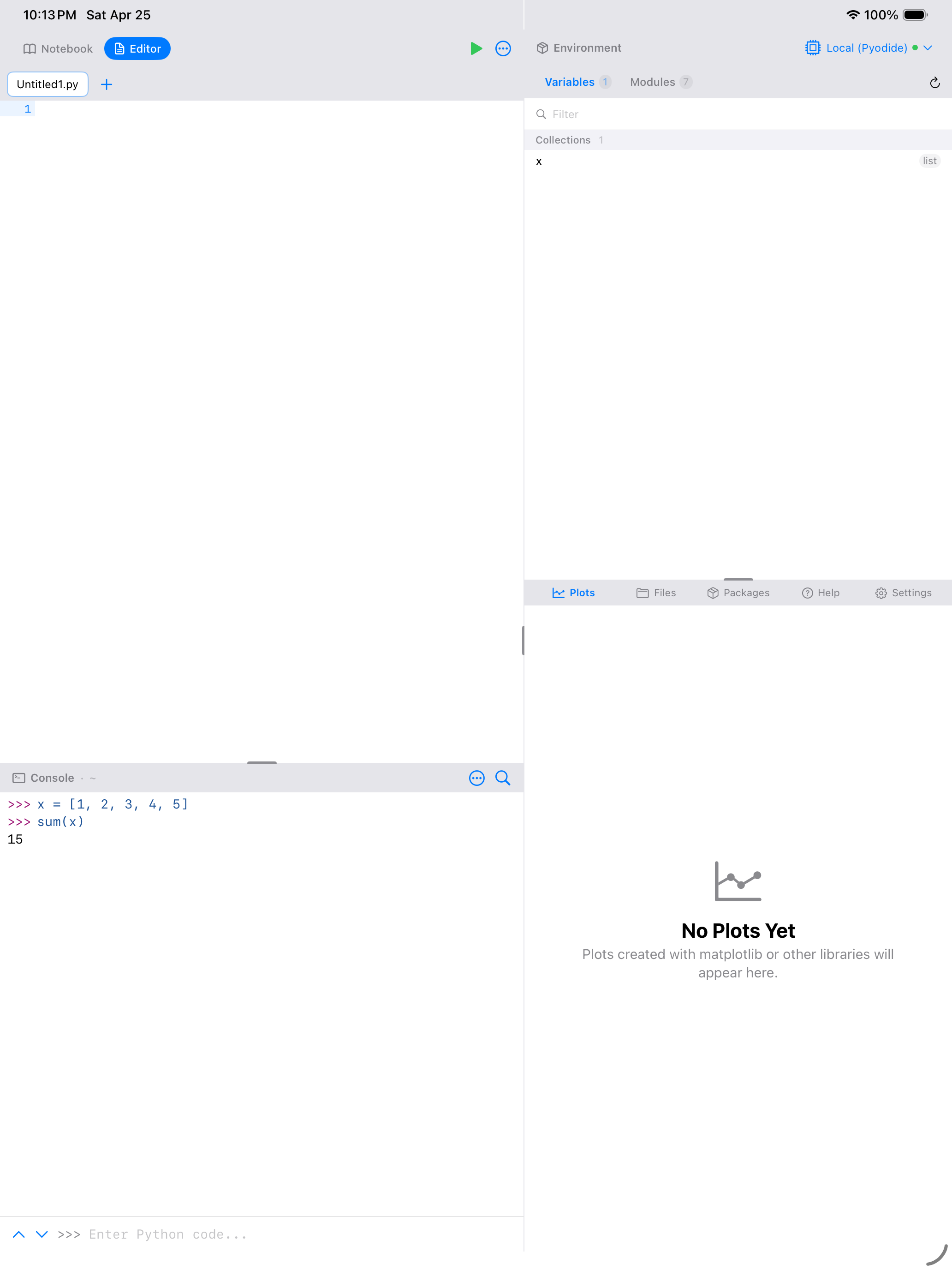 Console after running sum(x) on iPad