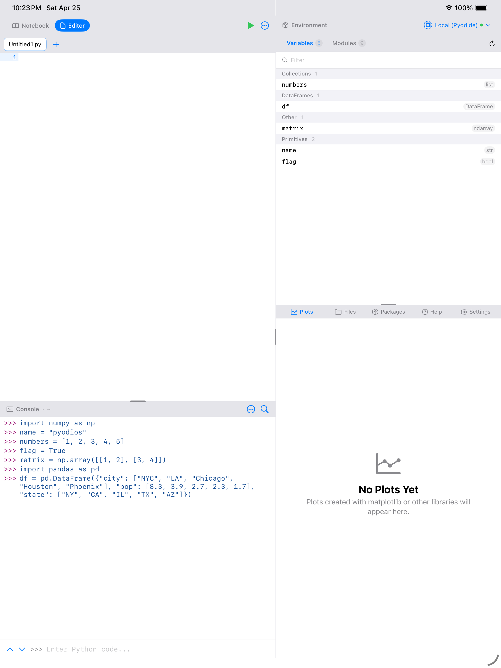 DataFrame viewer on iPad showing a scrollable table