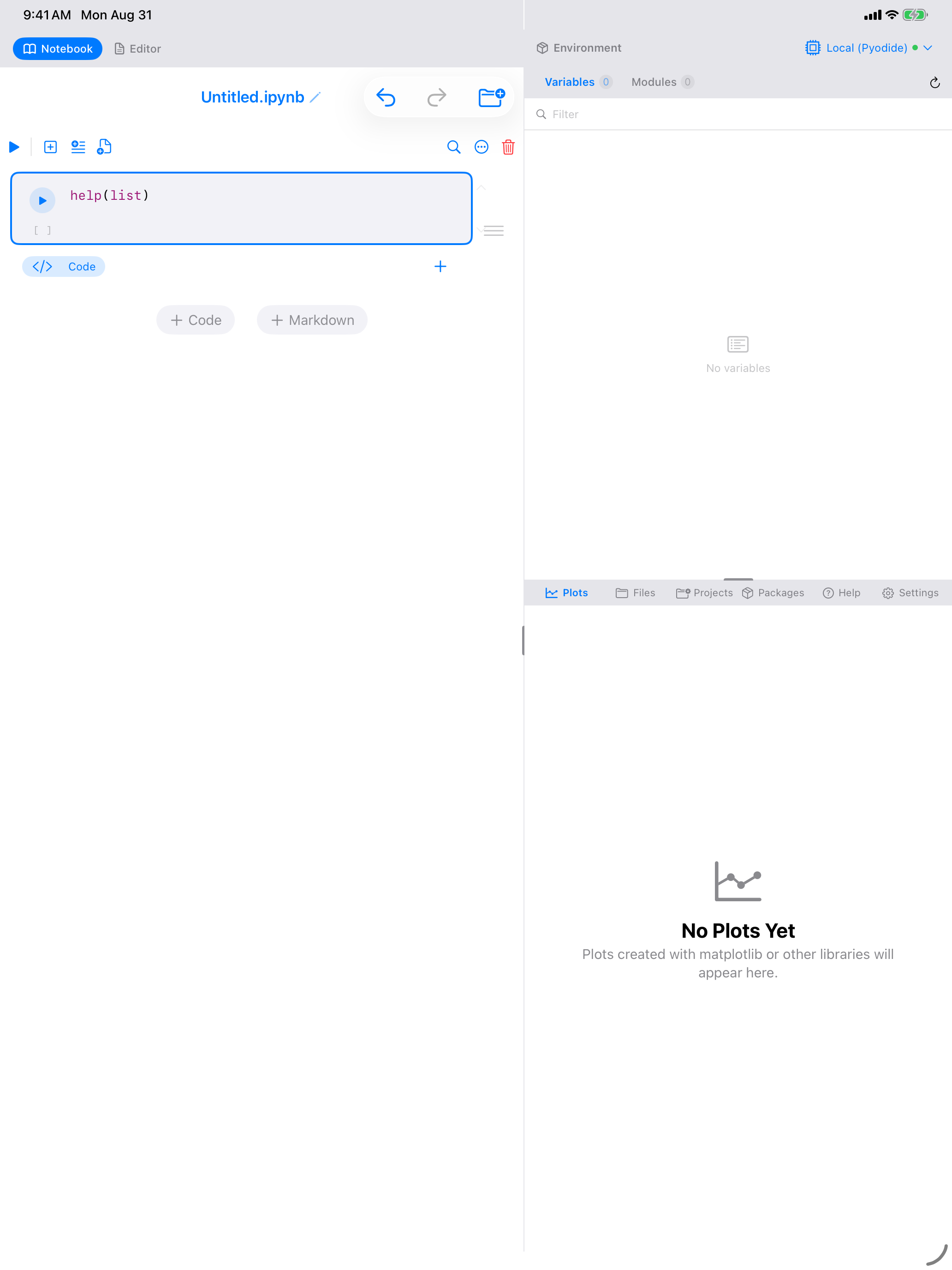 A notebook cell containing help(list) on iPad, before it has been run