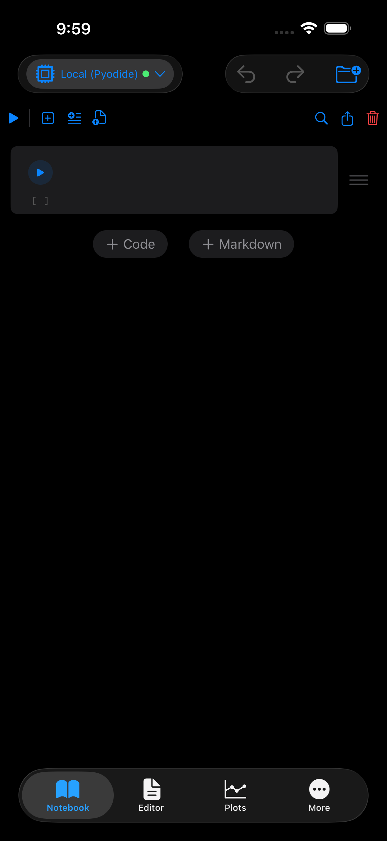 New notebook with code cell on iPhone