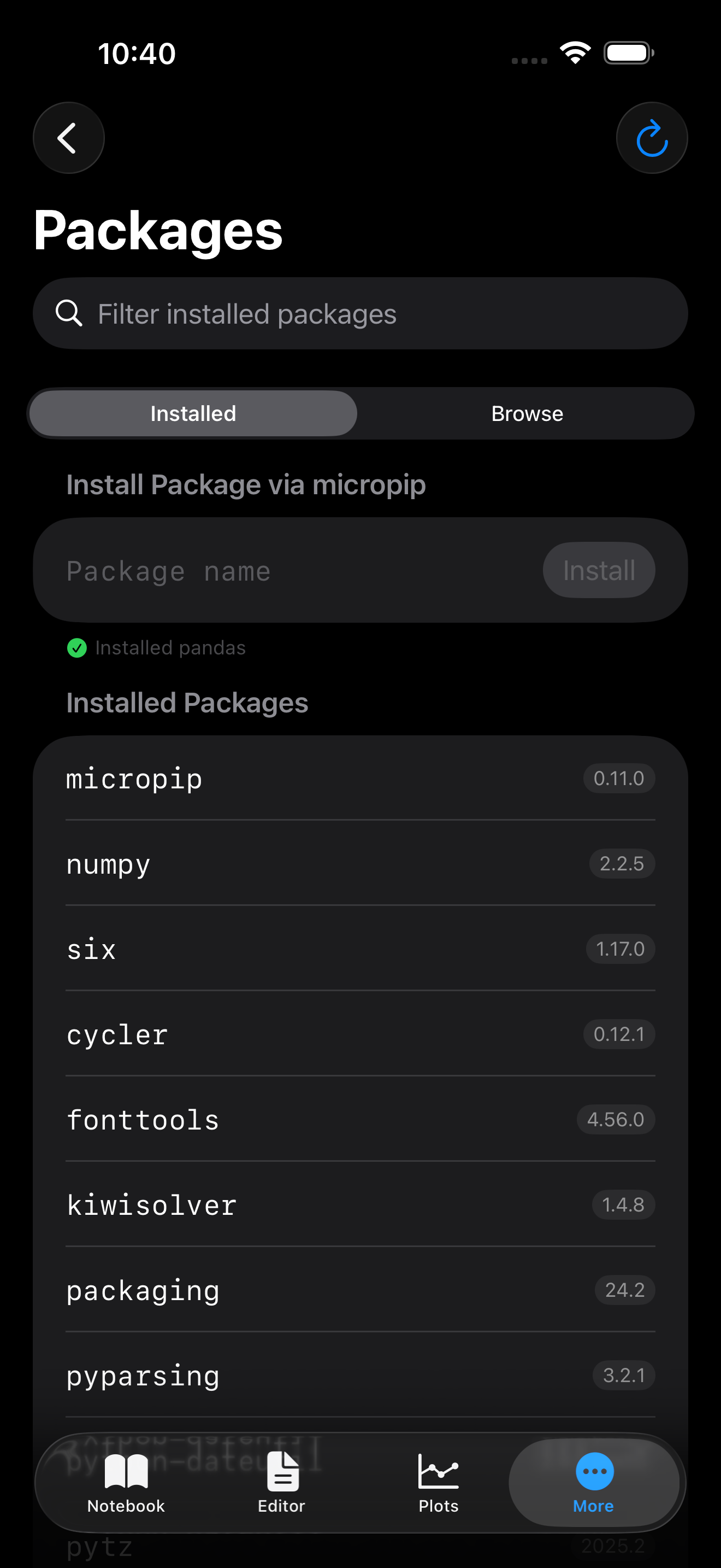 Packages tab on iPhone in dark mode showing installed Python packages