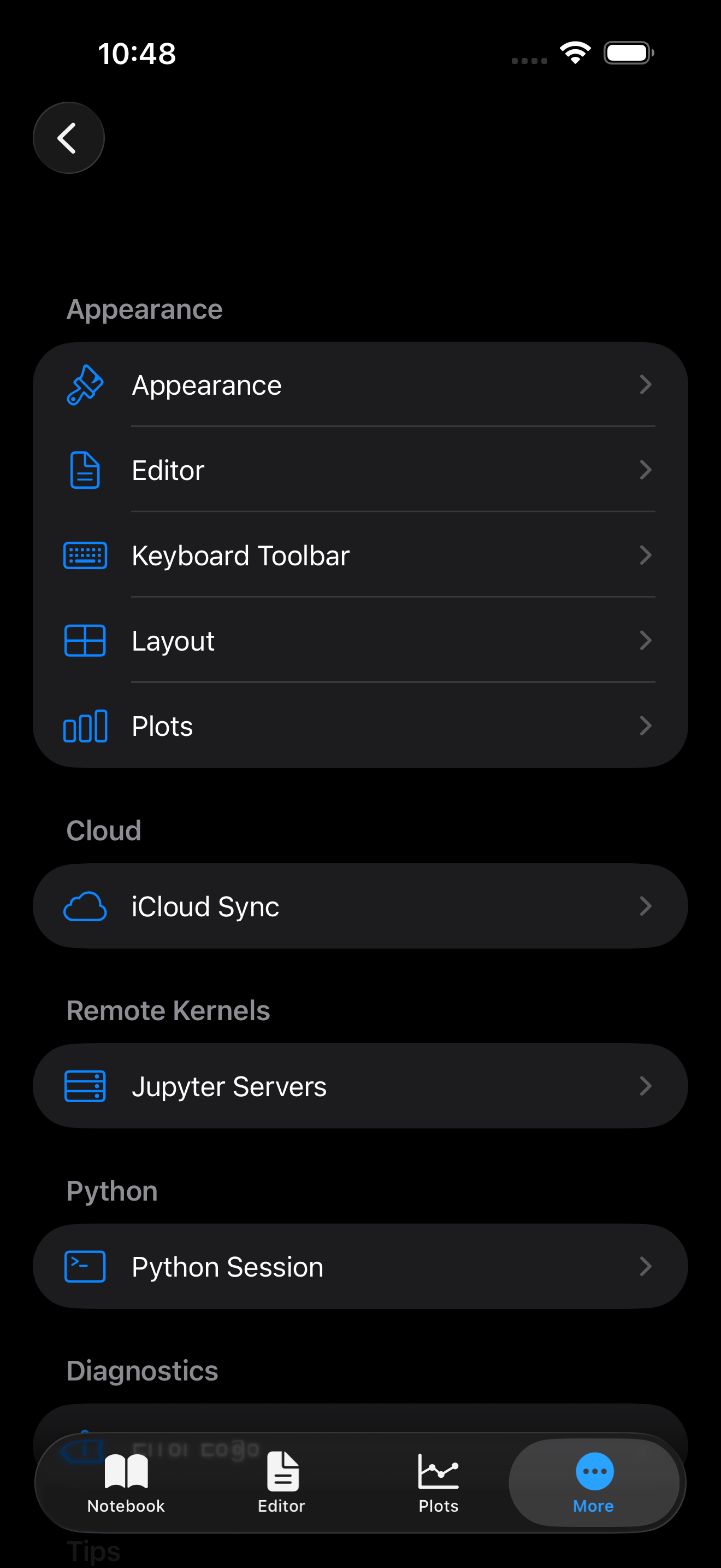 Settings tab on iPhone in dark mode showing configuration sections