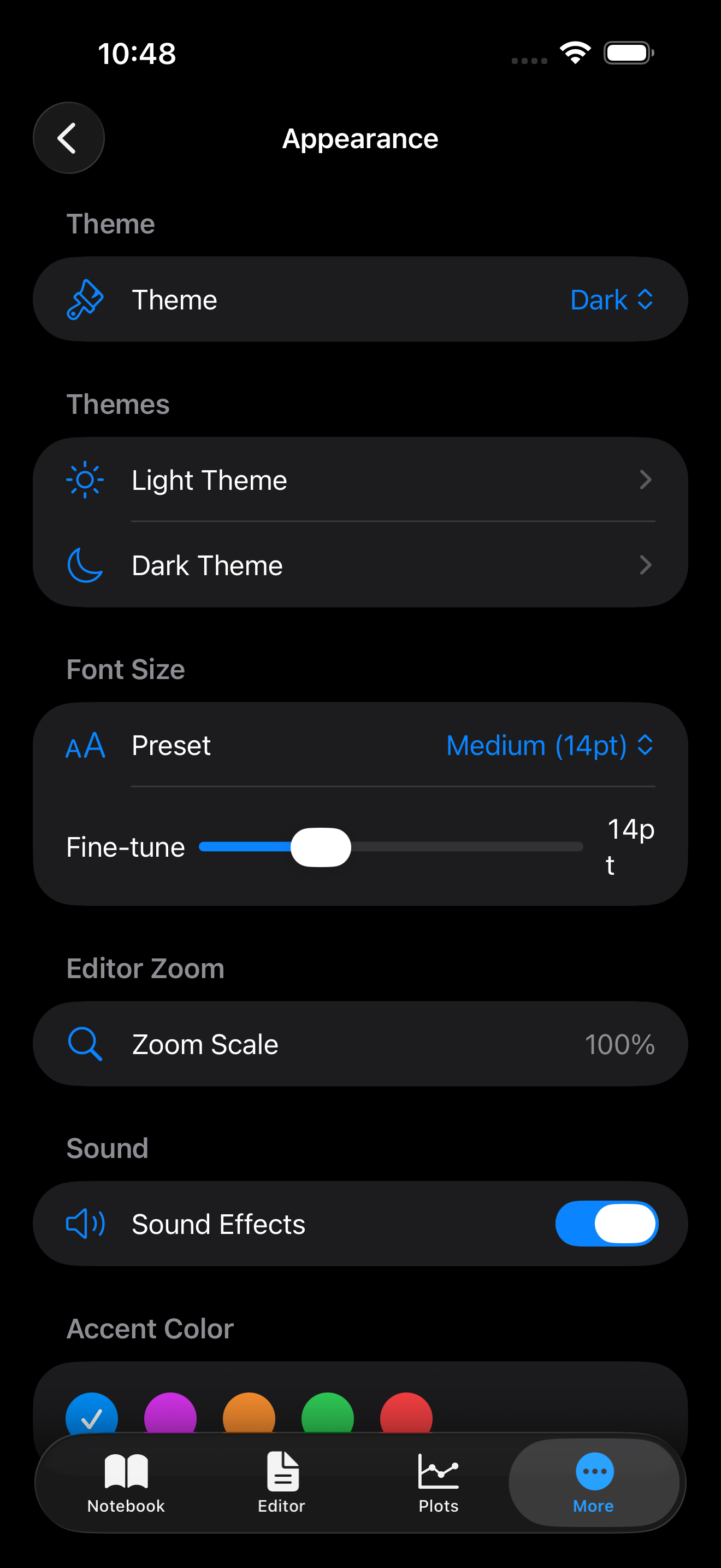 Settings > Appearance on iPhone in dark mode