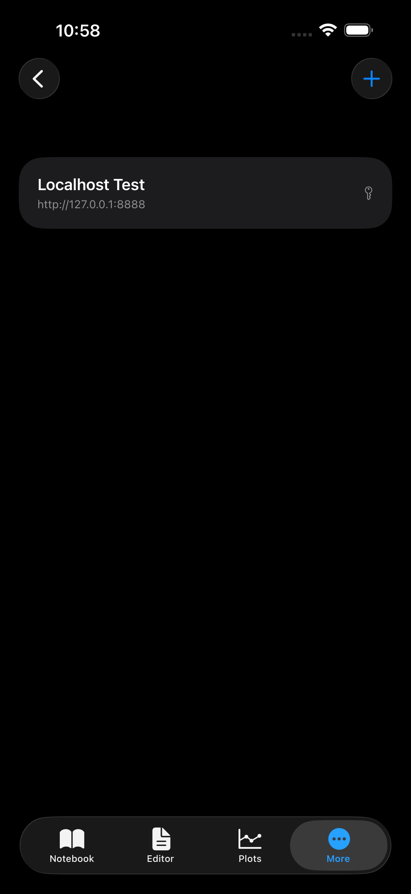 Jupyter Servers list in Settings on iPhone in dark mode