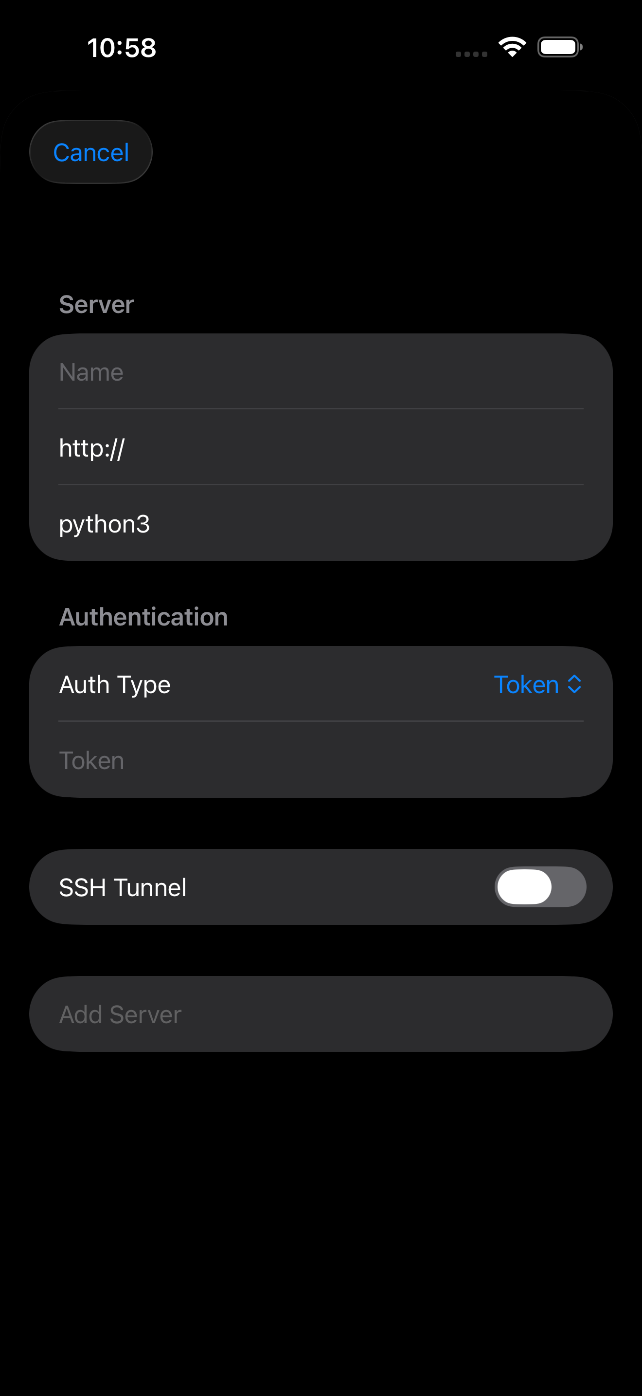 Add Jupyter Server form on iPhone in dark mode
