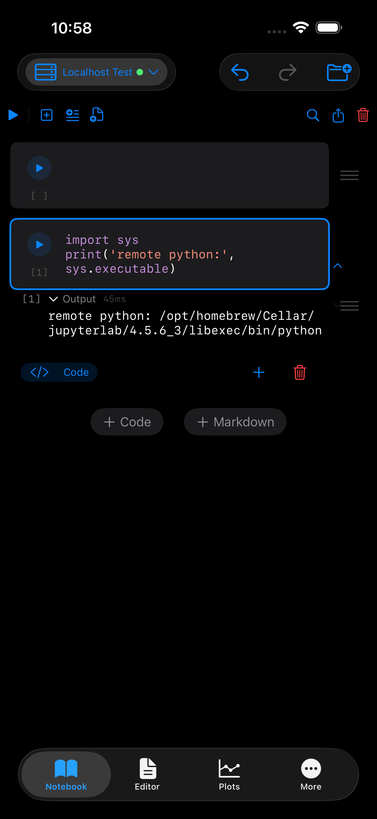 Notebook cell on iPhone running against the remote kernel in dark mode