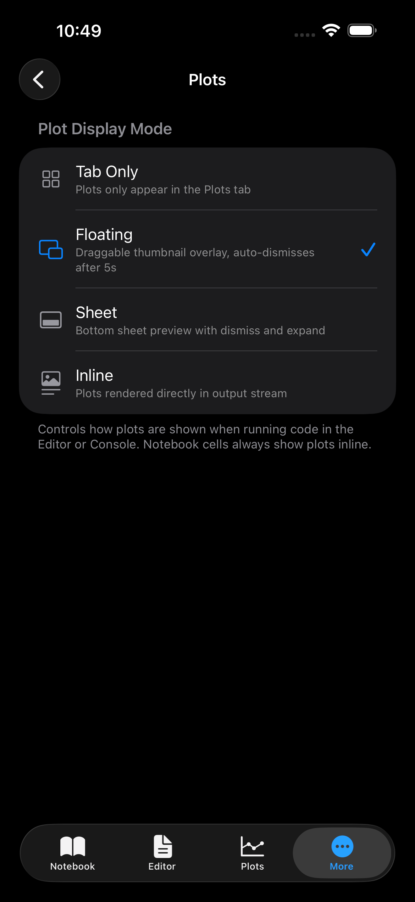 Plot settings on iPhone in dark mode